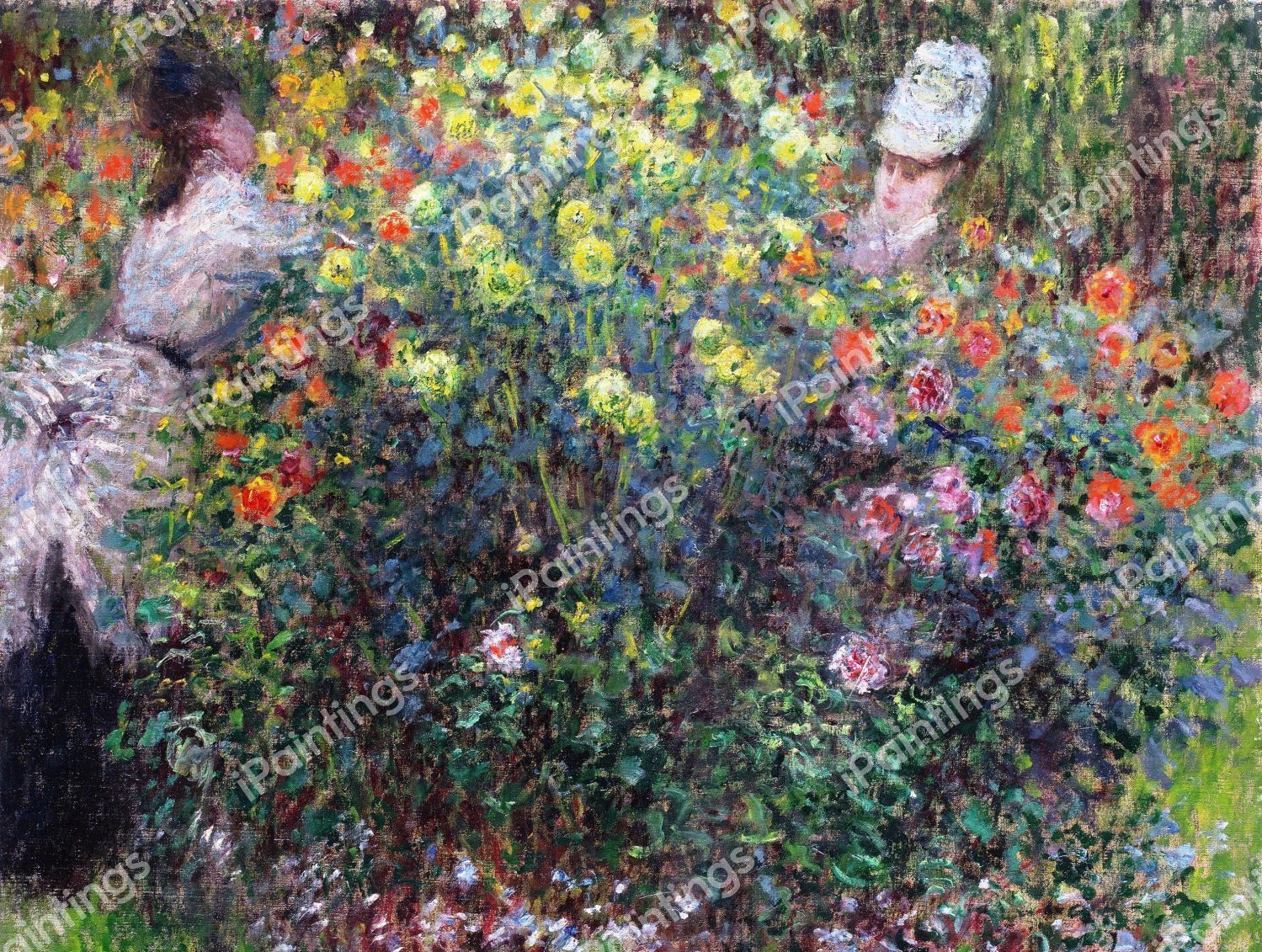 The Two Women Among the Flowers. The painting by Claude Monet