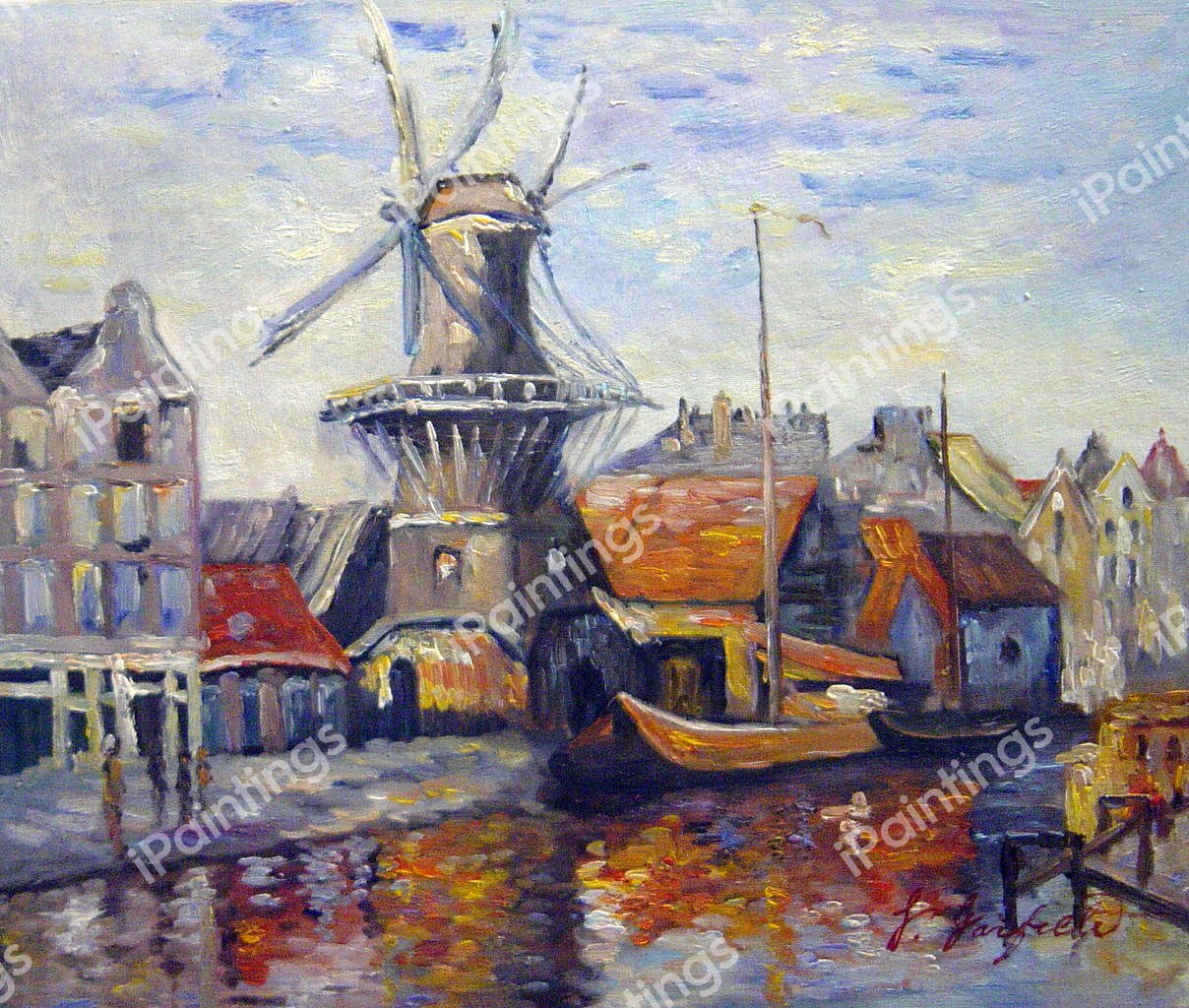 The Windmill On The Onbekende Canal, Amsterdam. The painting by Claude Monet