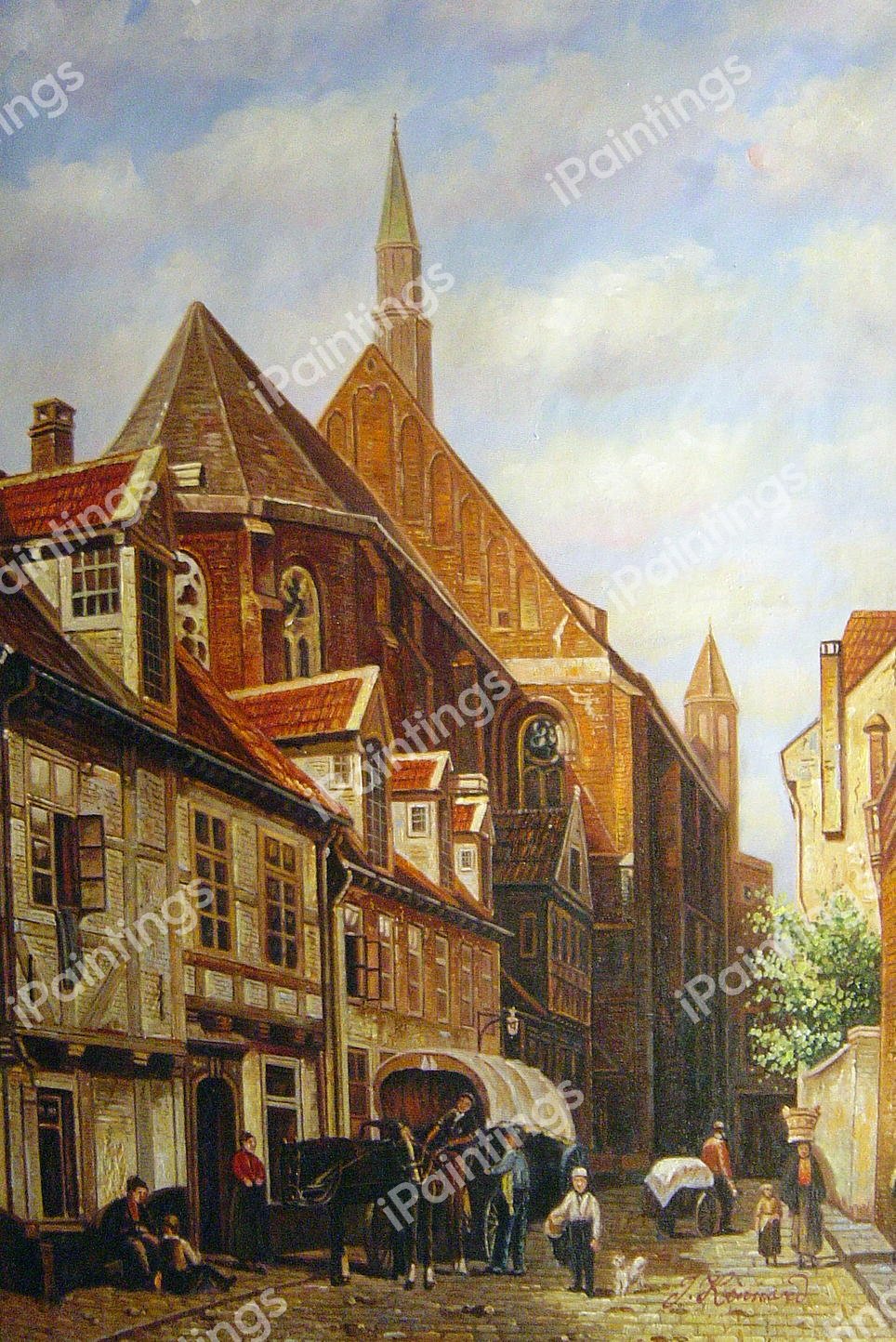 A Busy Street In Bremen. The painting by Cornelis Springer