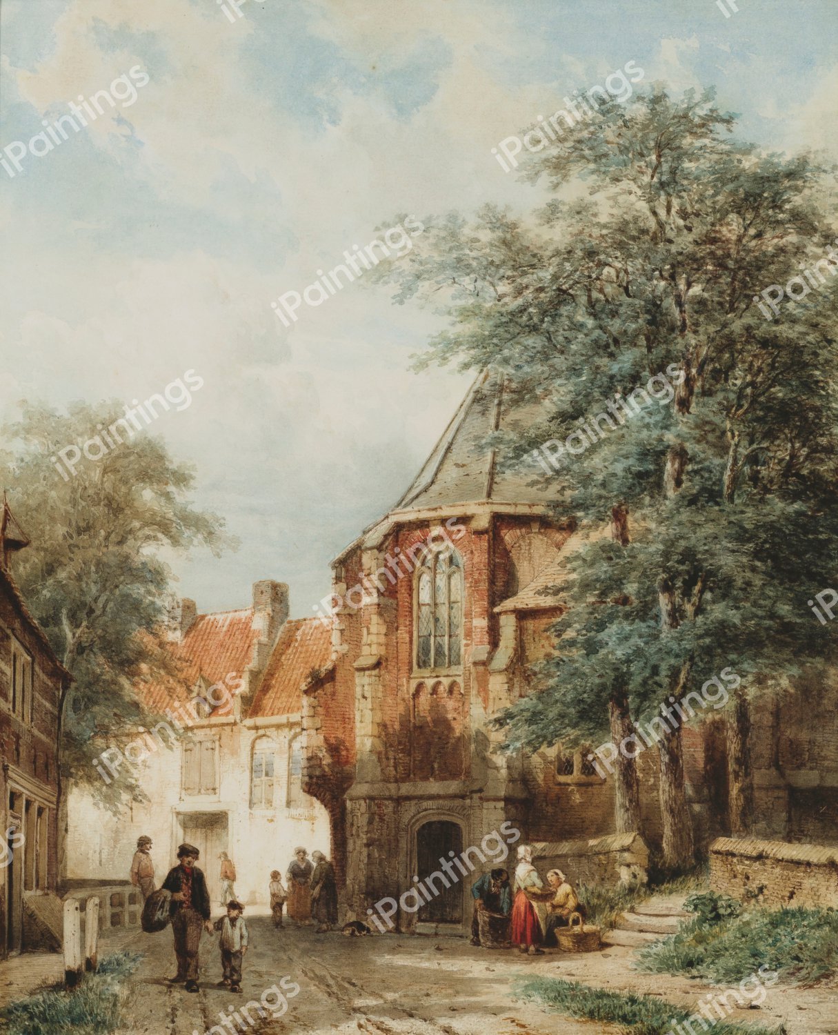 Figures in the Dorpsstraat, Asperen. The painting by Cornelis Springer