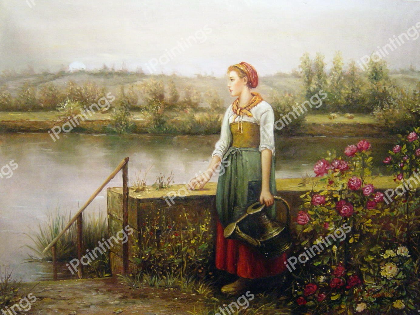 A Woman With A Watering Can By The River. The painting by Daniel Ridgway Knight