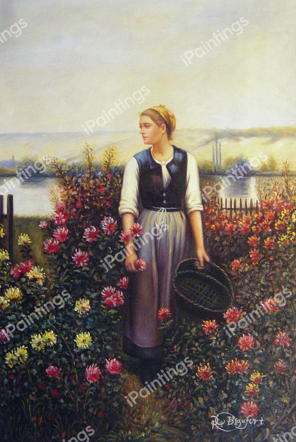 Girl with a Basket in a Garden. The painting by Daniel Ridgway Knight