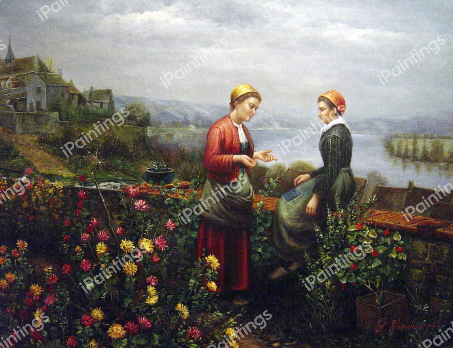 Gossiping. The painting by Daniel Ridgway Knight