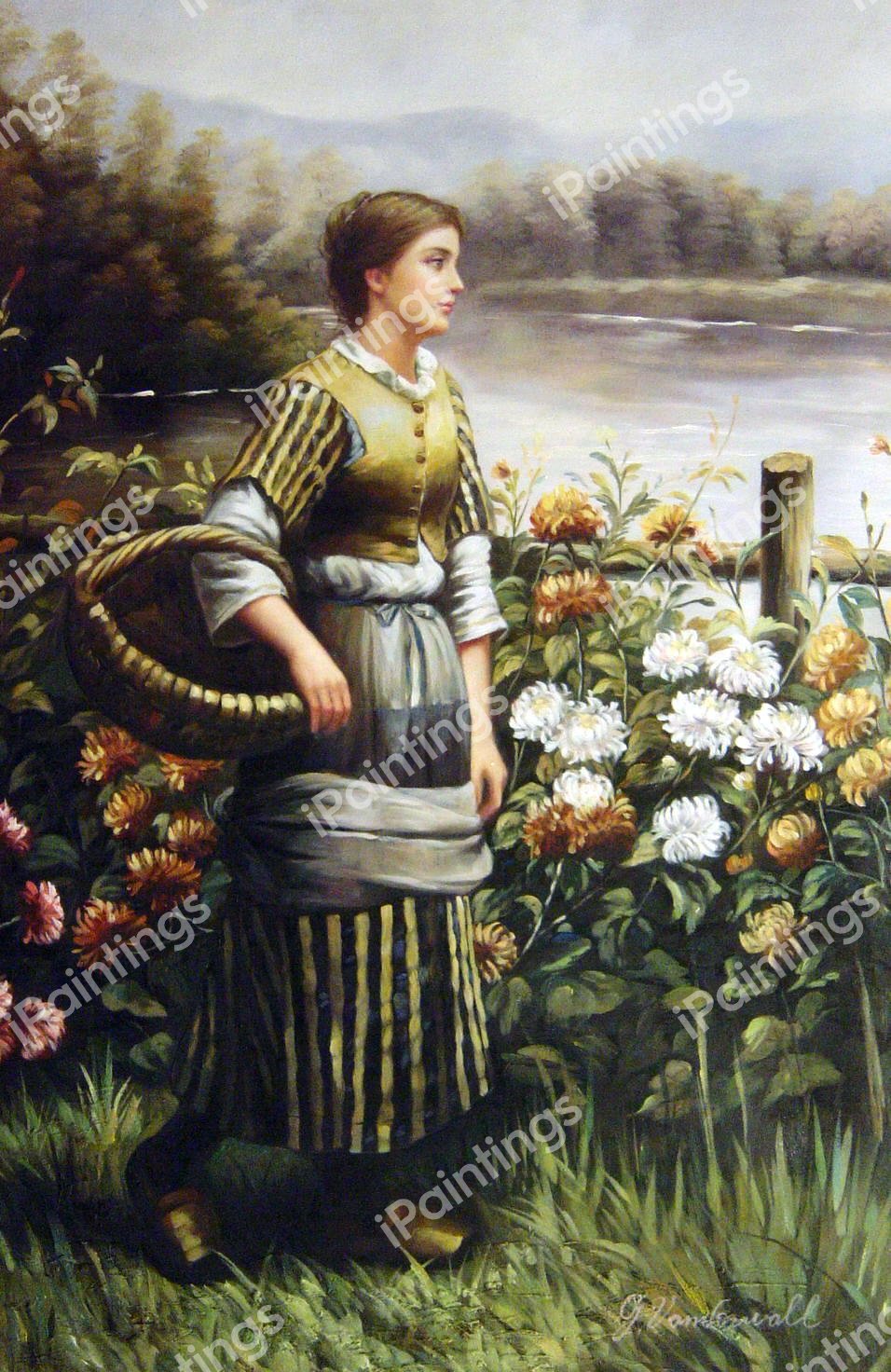 Maid Among The Flowers. The painting by Daniel Ridgway Knight