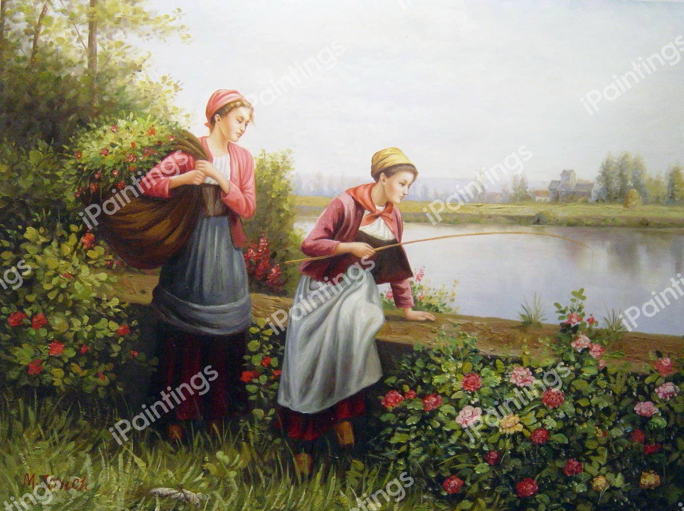 Maria And Madeleine Fishing. The painting by Daniel Ridgway Knight