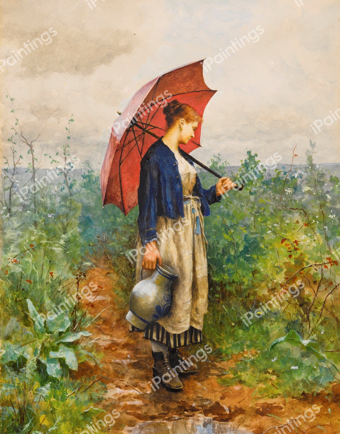 Portrait of a Woman with Umbrella Gathering Water. The painting by Daniel Ridgway Knight