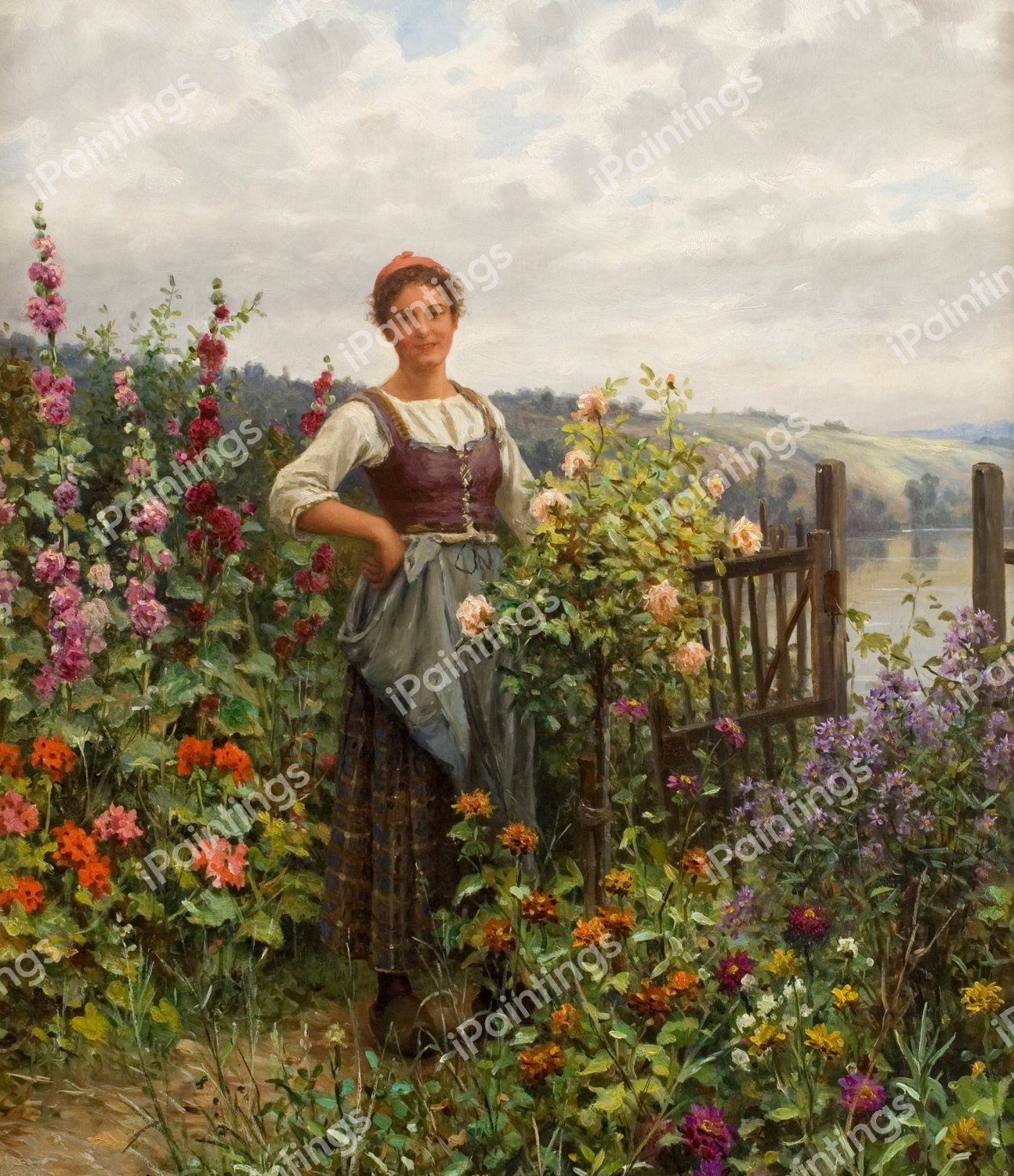 Tending the Flowers. The painting by Daniel Ridgway Knight
