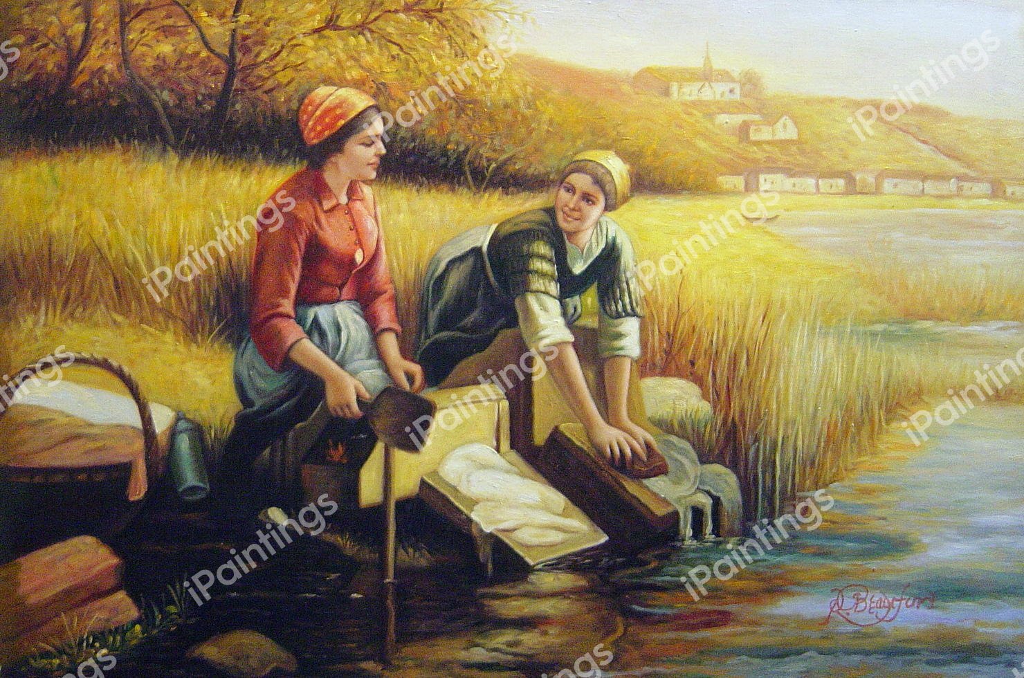 Women Washing Clothes by a Stream. The painting by Daniel Ridgway Knight