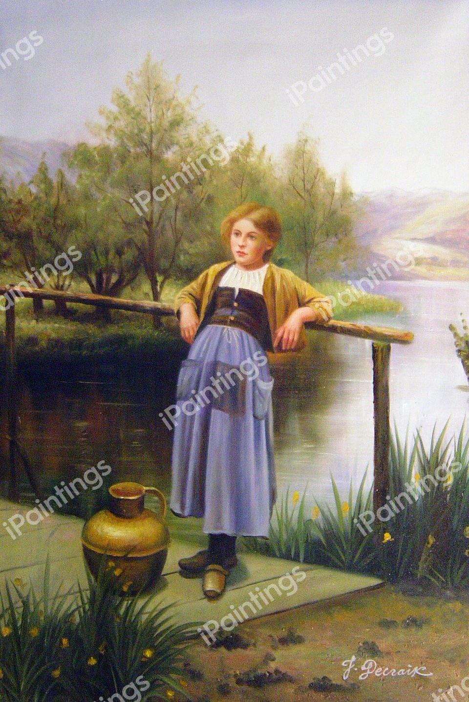 Young Girl by a Stream. The painting by Daniel Ridgway Knight