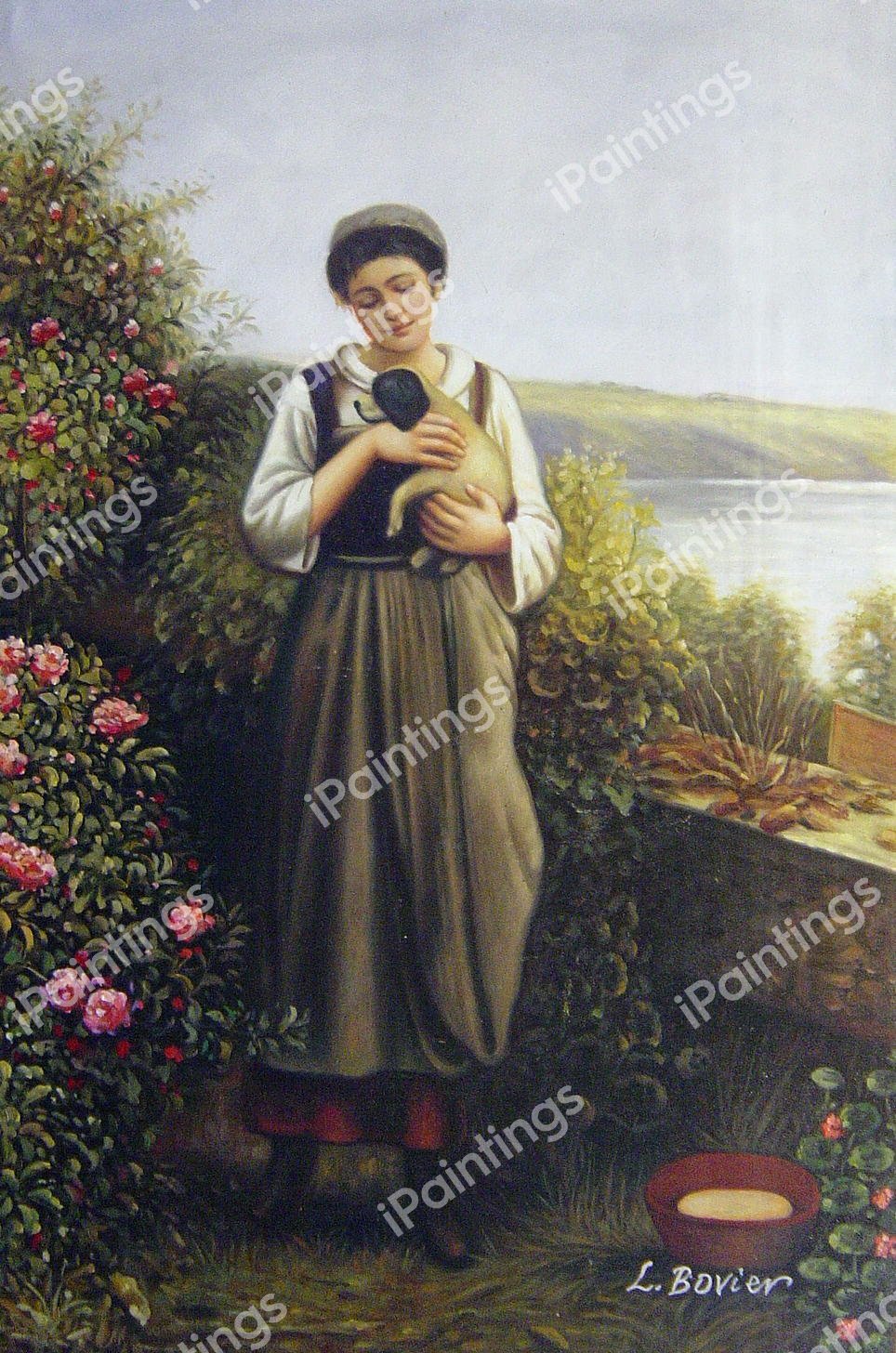 Young Girl Holding a Puppy. The painting by Daniel Ridgway Knight