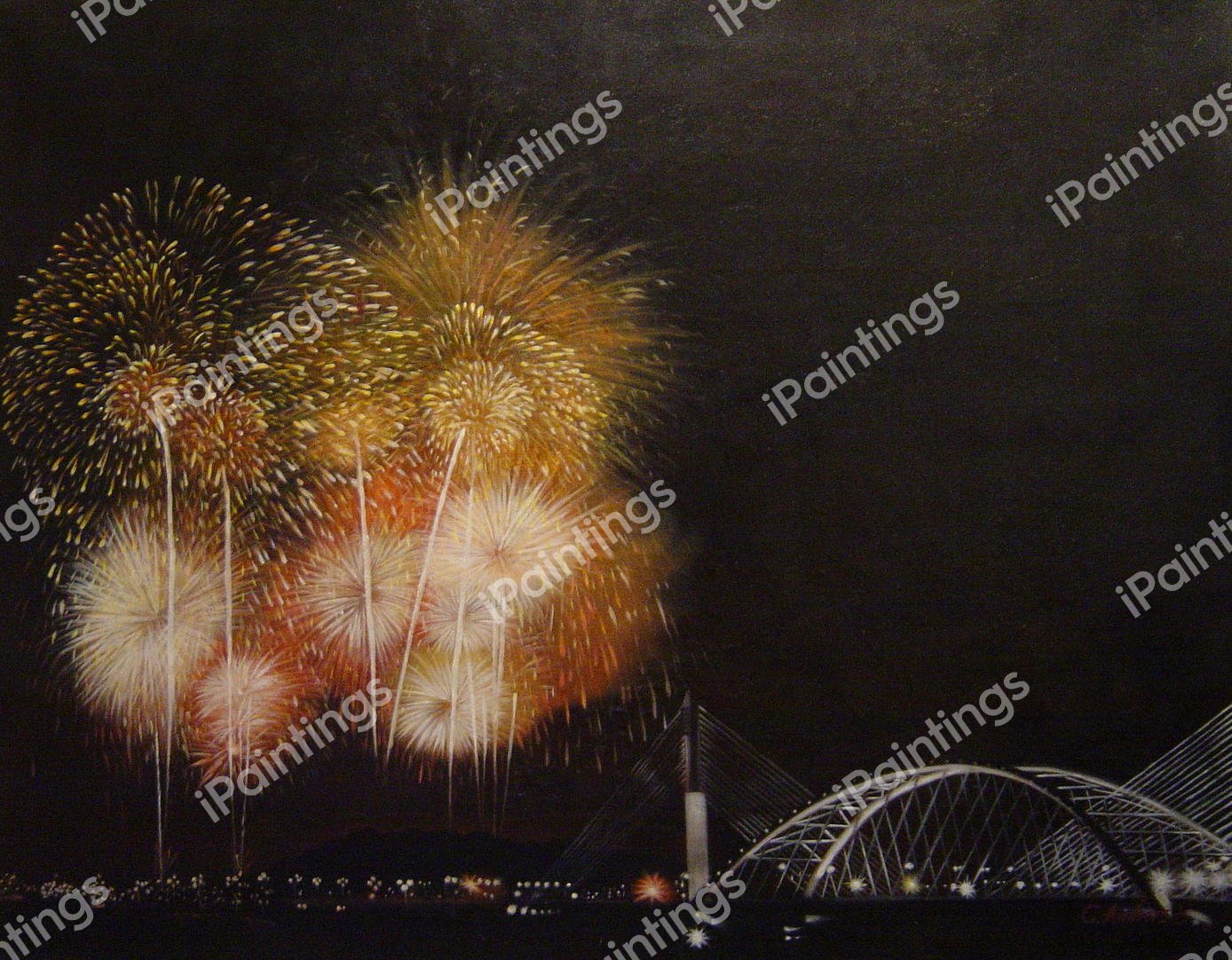 Dazzling Fireworks Over The Bridge. The painting by Our Originals