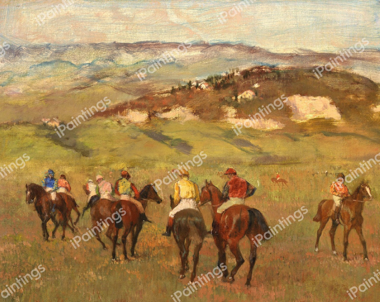Jockeys on Horseback before Distant Hills. The painting by Edgar Degas