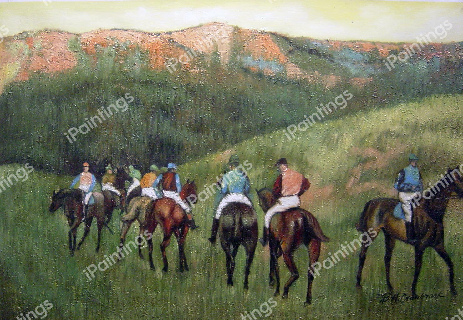 Racehorses In A Landscape. The painting by Edgar Degas