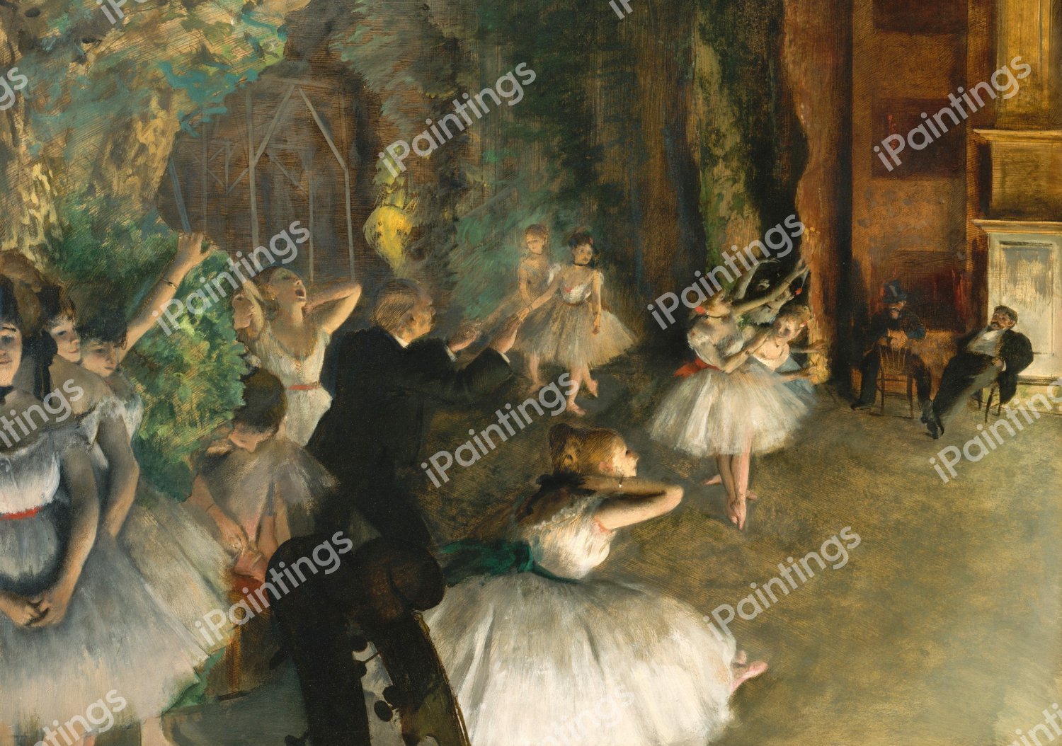 A Rehearsal of the Ballet Onstage. The painting by Edgar Degas