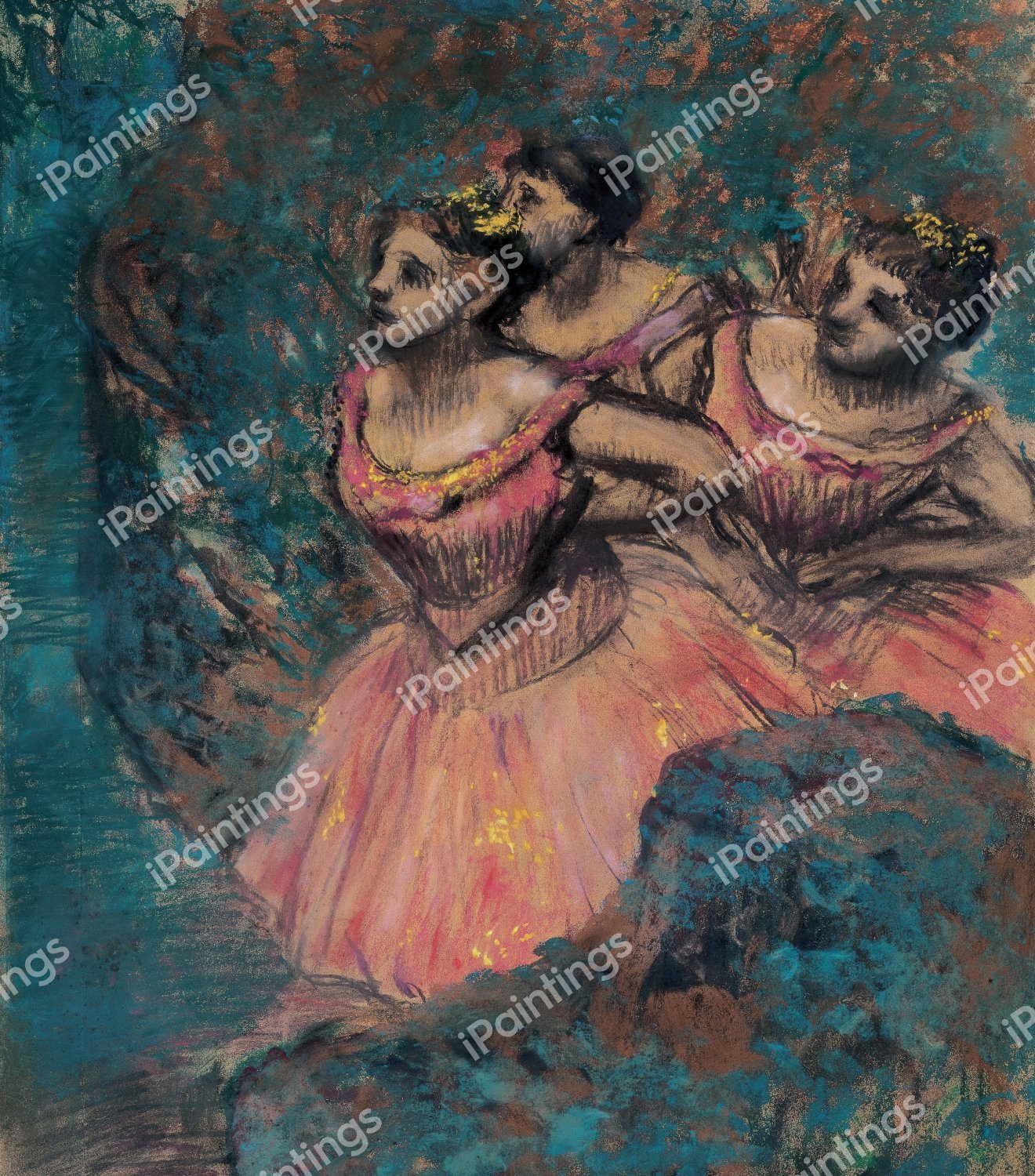 Three Dancers in Red Costume. The painting by Edgar Degas