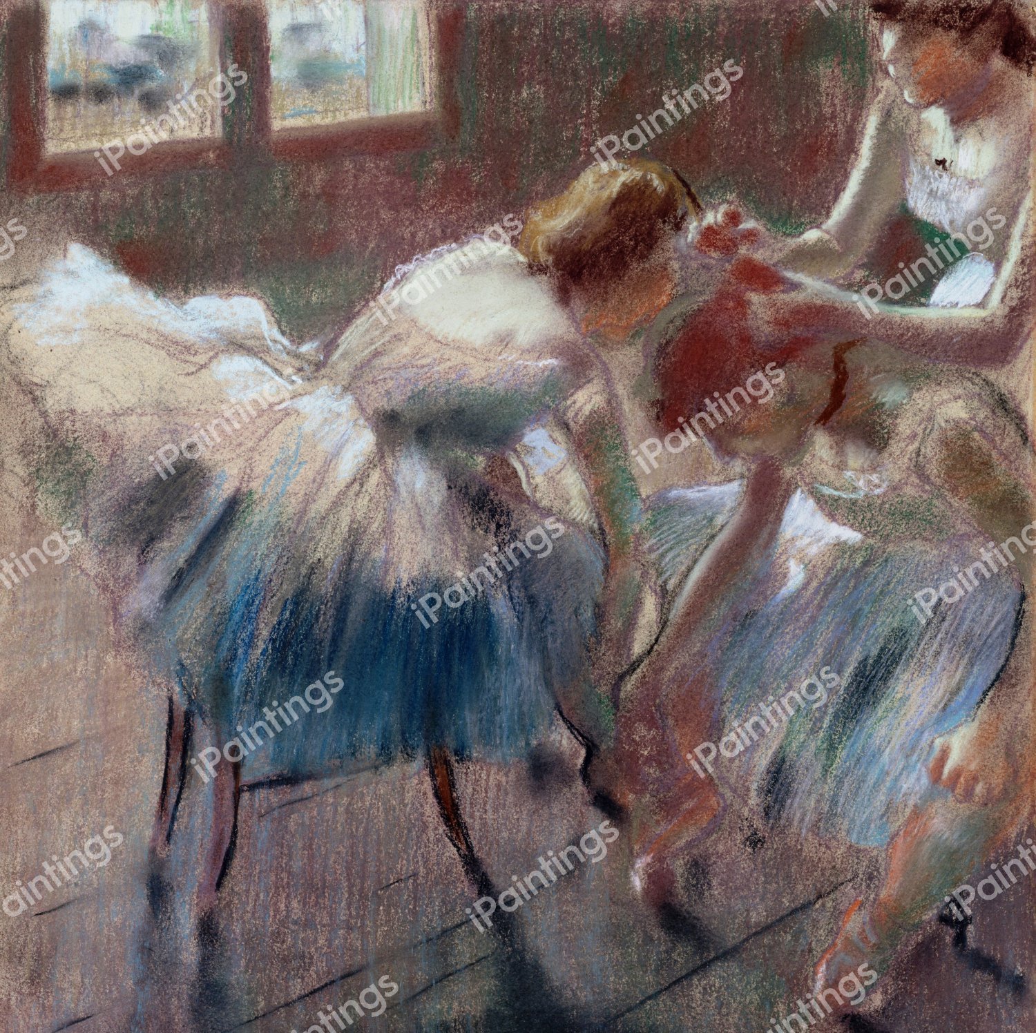 Three Dancers Preparing for Class. The painting by Edgar Degas