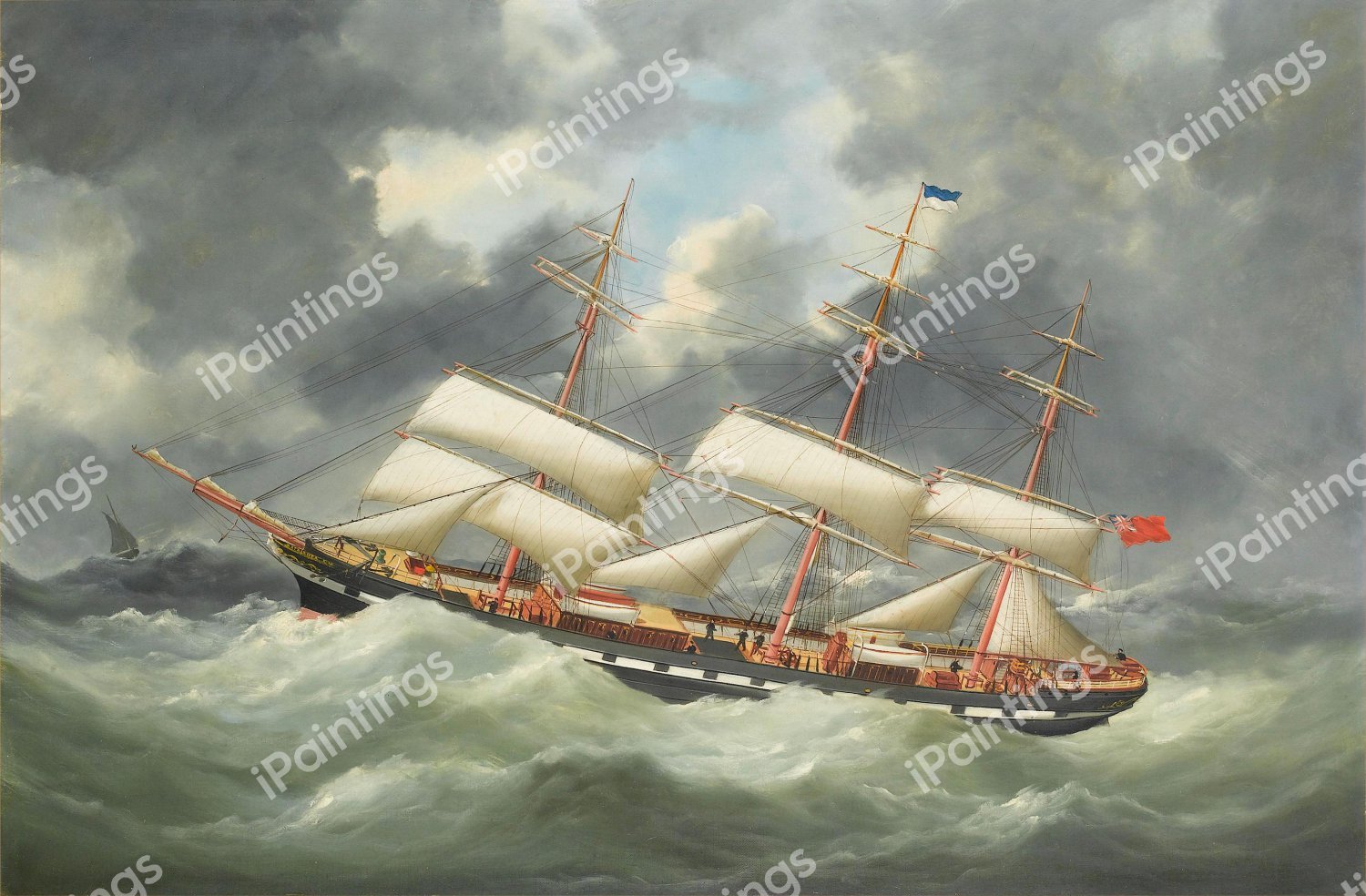The Atalanta Running Under Reduced Sail in a Gale, 1885. The painting by Edouard Adam