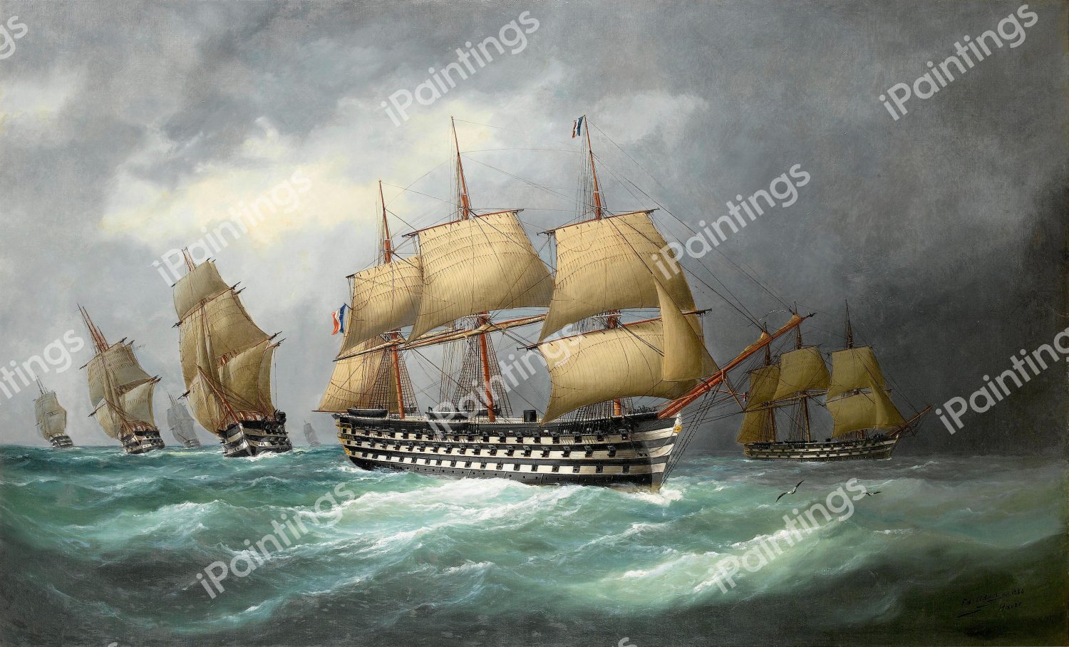 The First French Steam Battlefleet in Formation at Sea, 1884. The painting by Edouard Adam