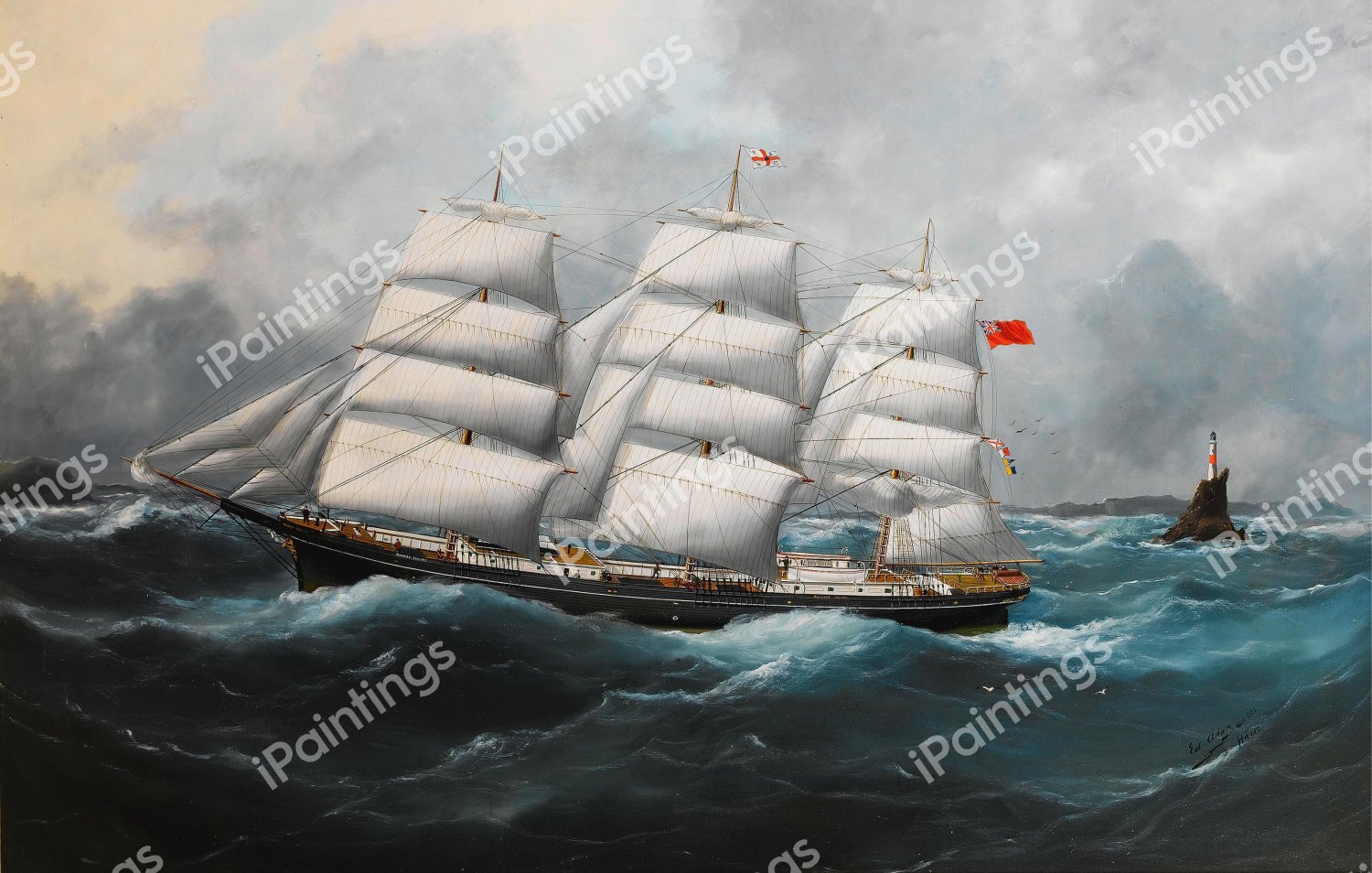 The Richard Rylands Passing the Fastnet Rock, 1881. The painting by Edouard Adam