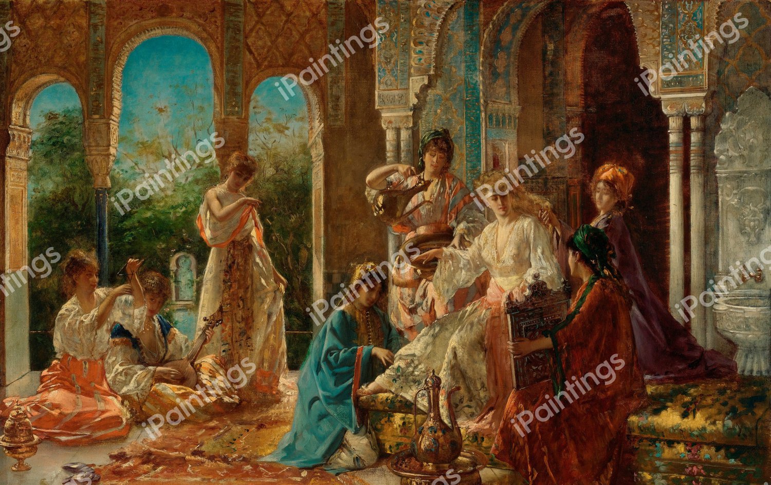 Attending the Favorite. The painting by Edouard Frederic Wilhelm Richter