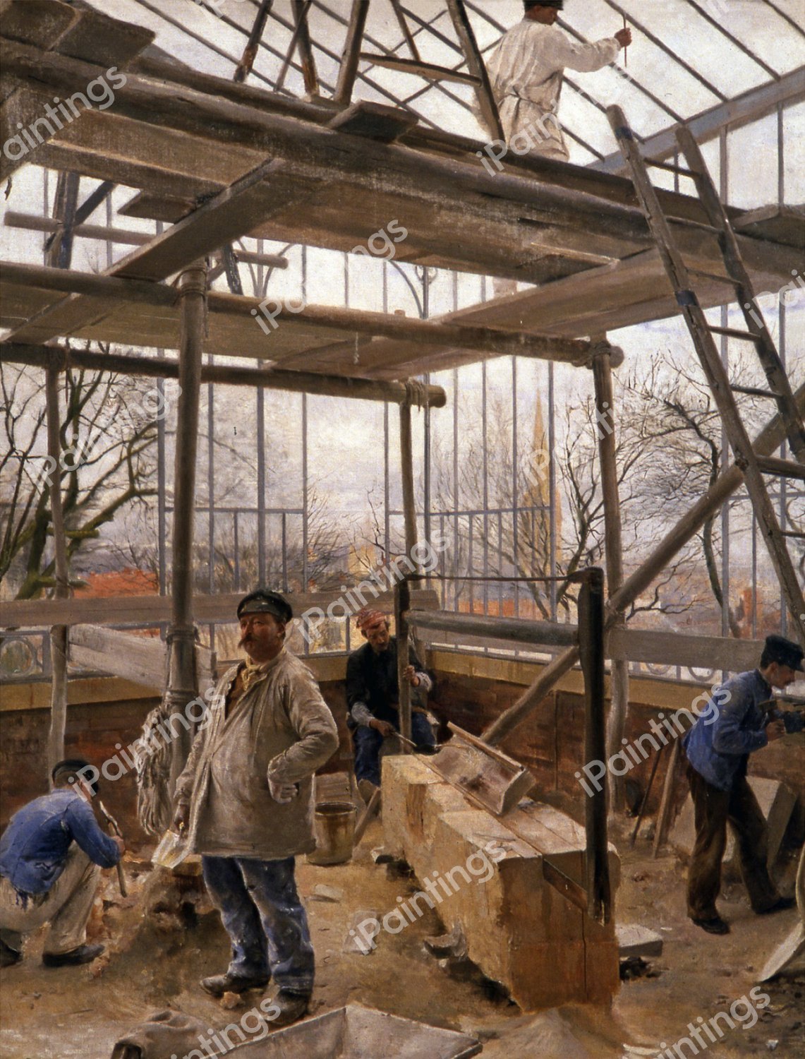 Greenhouse Under Construction. The painting by Edouard Joseph Dantan