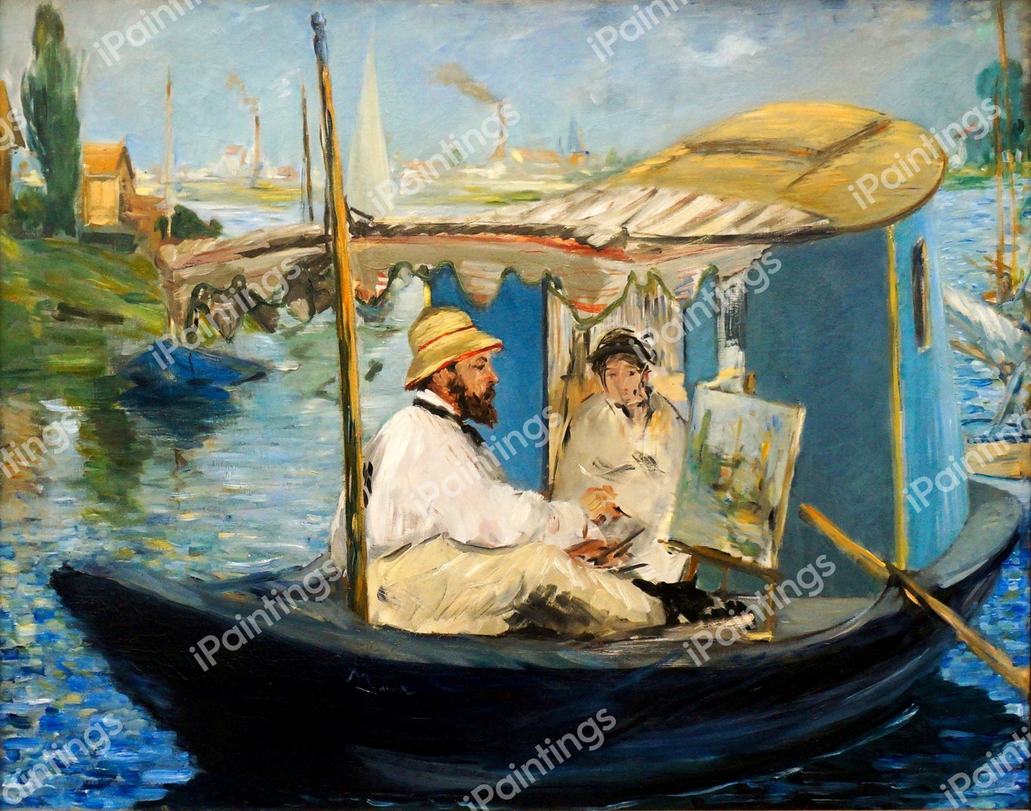 Monet Working in His Atelier Boat. The painting by Edouard Manet