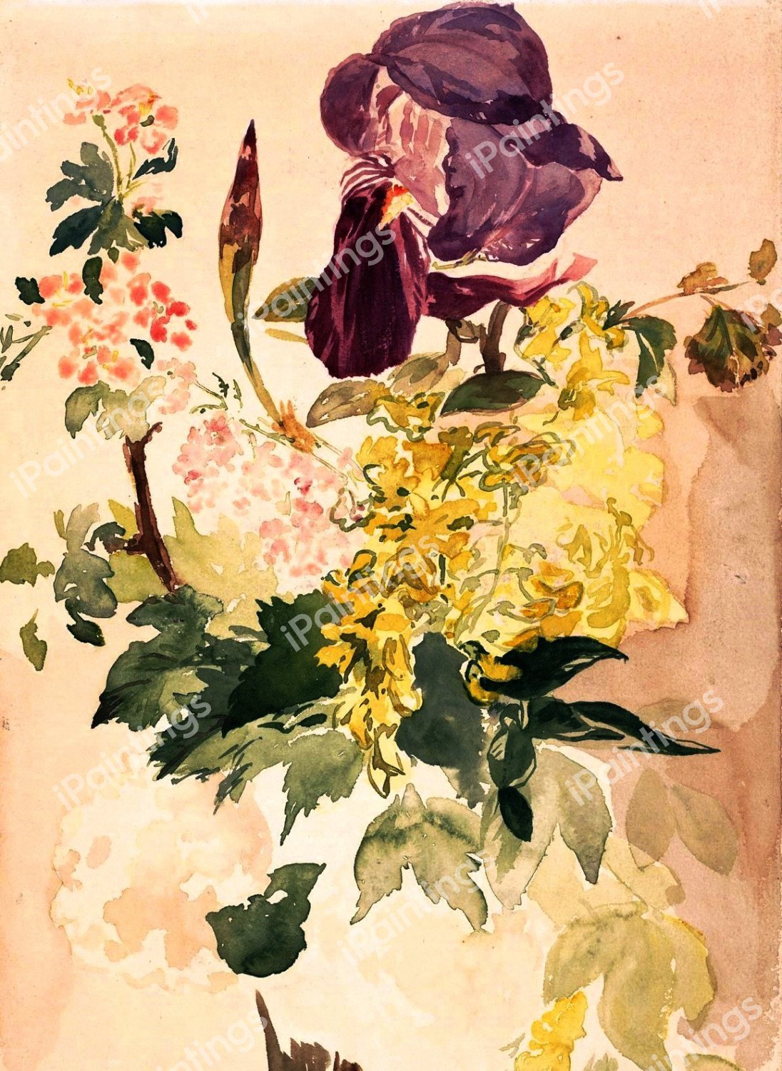 Flower Piece with Iris, Laburnum, and Geranium, 1880. The painting by Edouard Manet