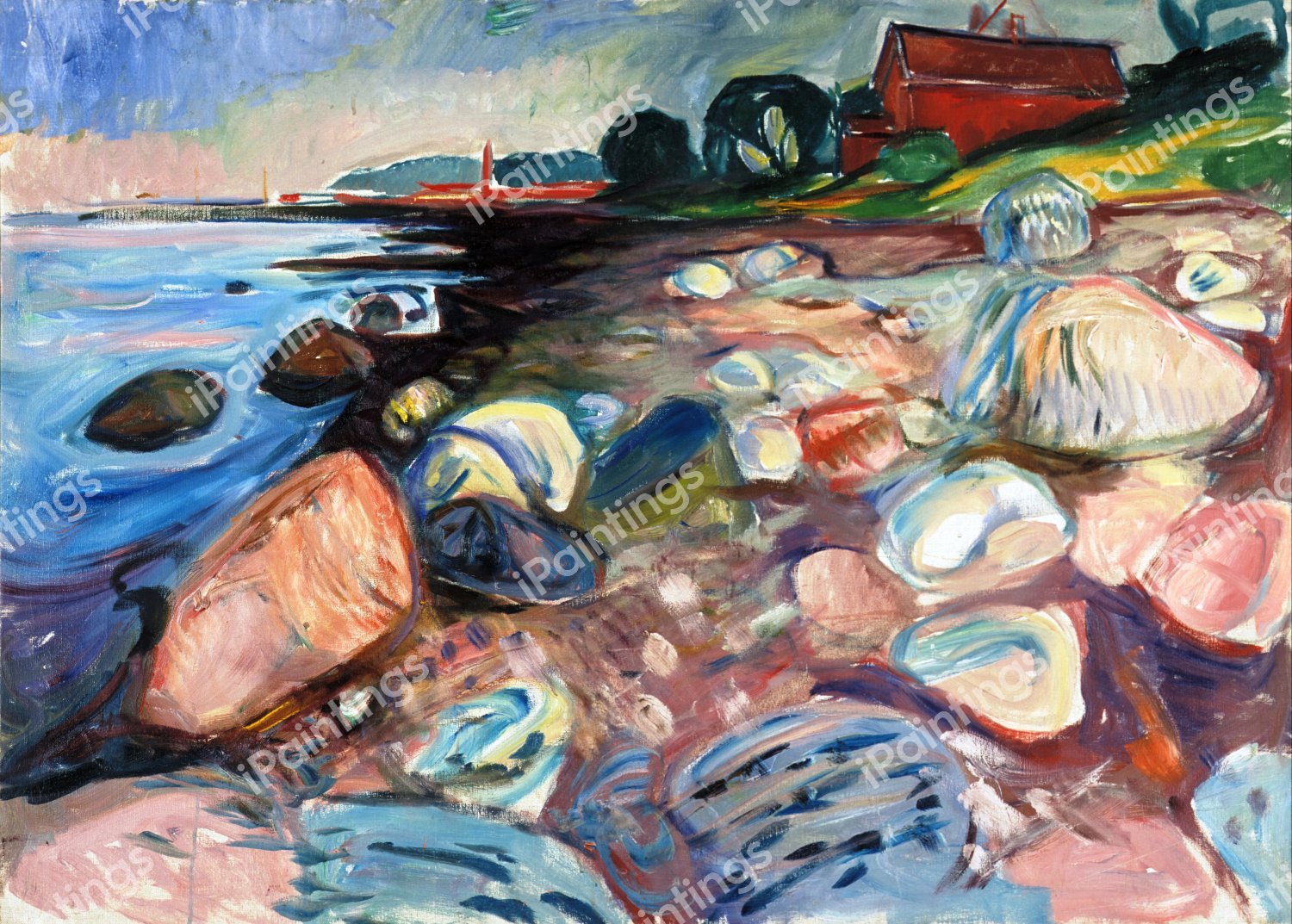 Shore with the Red House, 1904. The painting by Edvard Munch