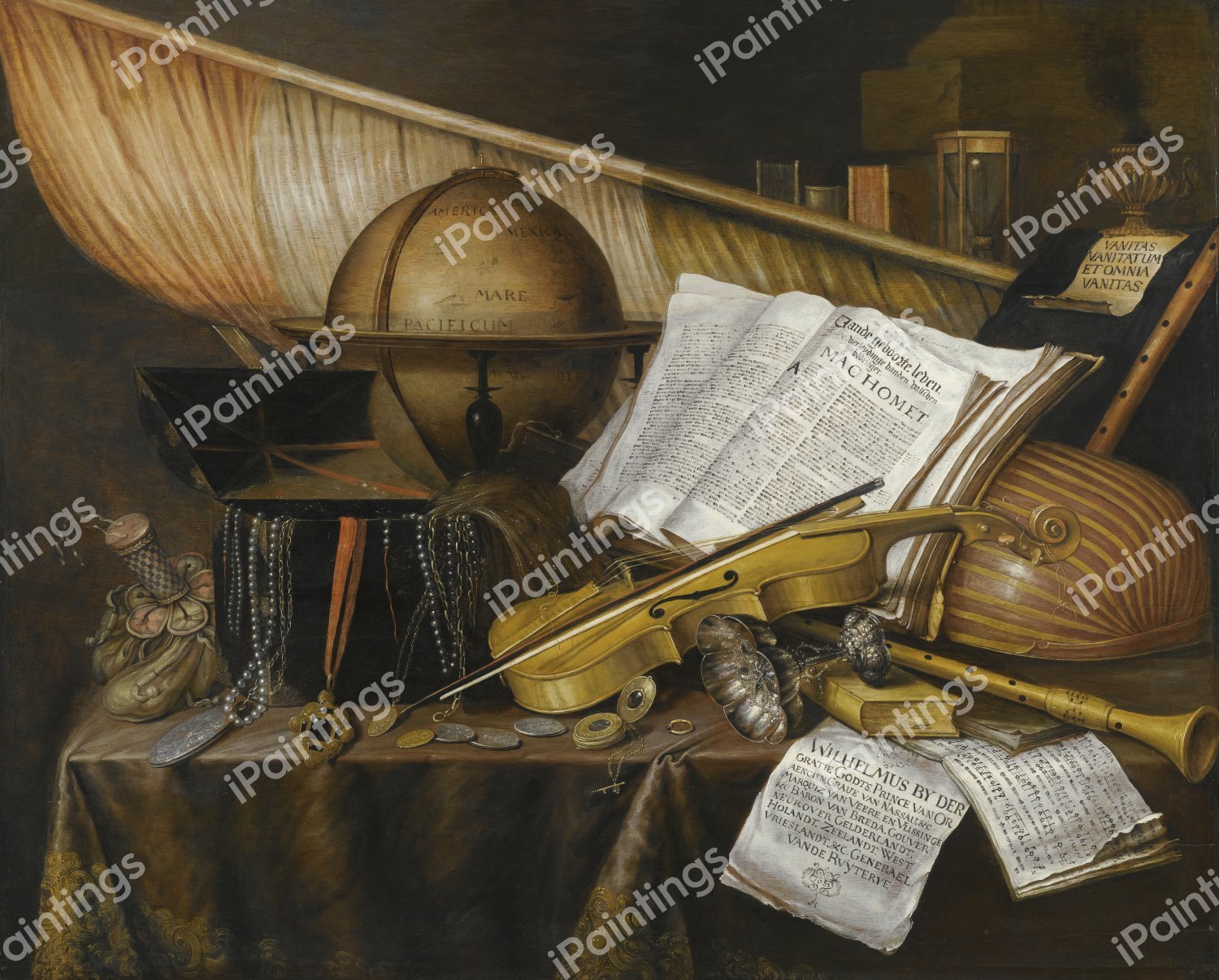 A Vanitas Still Life With Books, Leaflets, Globe,  Princely Flag,  Musical Score, and Musical Instruments. The painting by Edwaert Collier