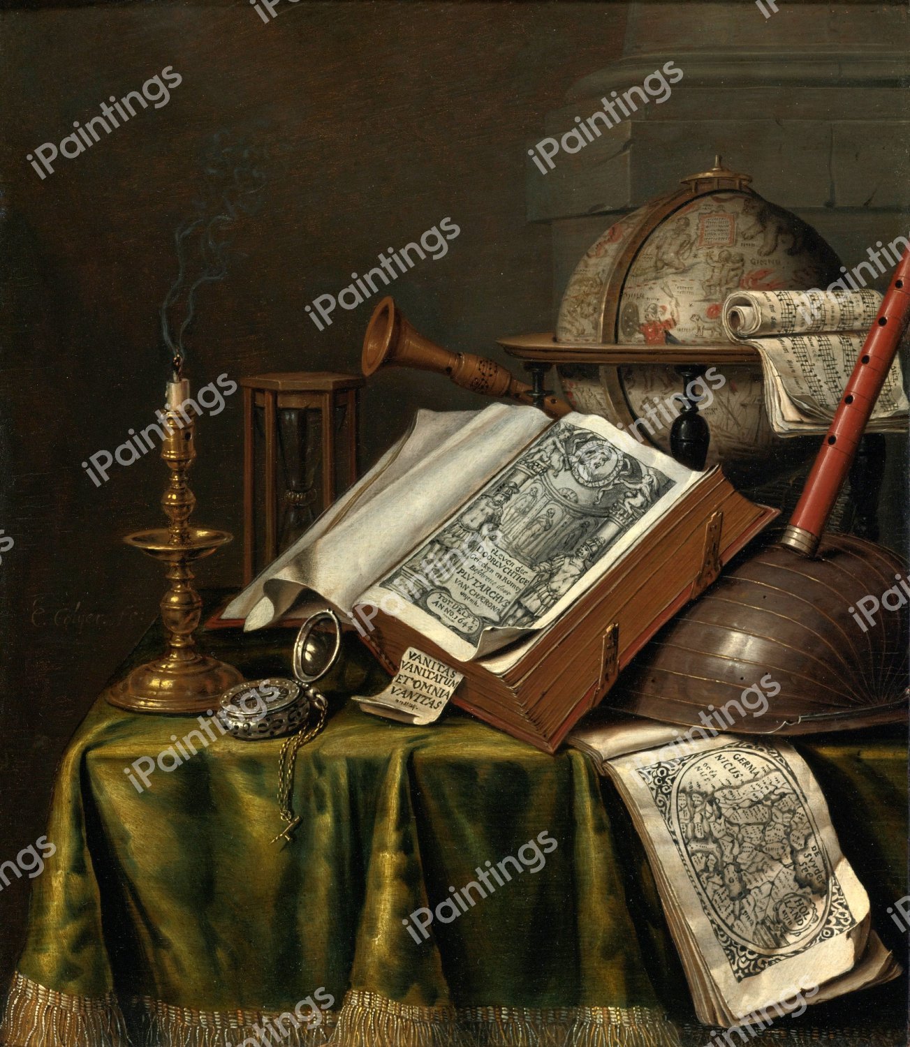 Vanitas Still Life with a Candlestick, Books, Musical Intruments, an Astrological Globe, a Pocket Watch and Hourglass. The painting by Edwaert Collier