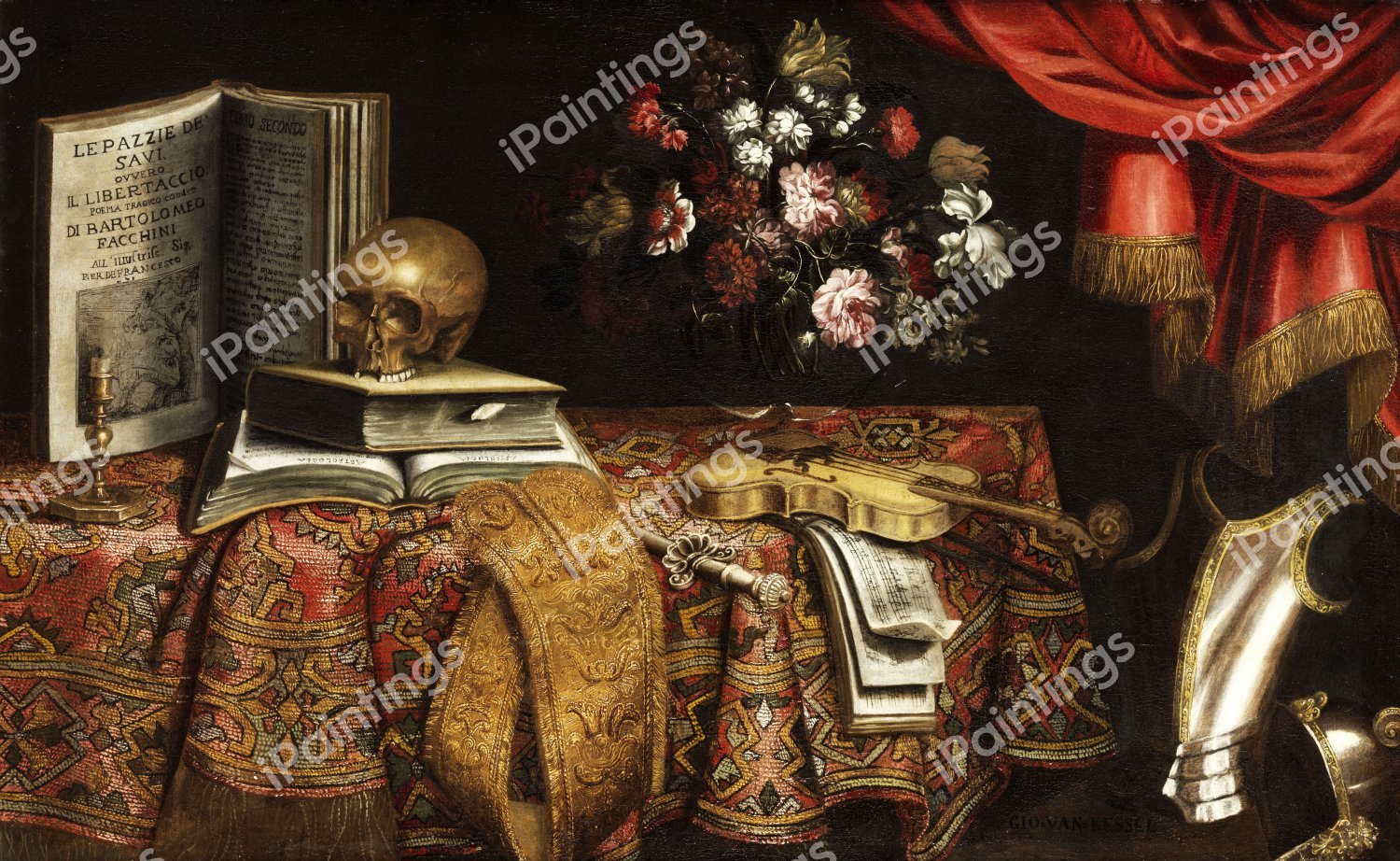 Vanitas Still Life with Violin, Sheet Music, Vase and Skull. The painting by Edwaert Collier