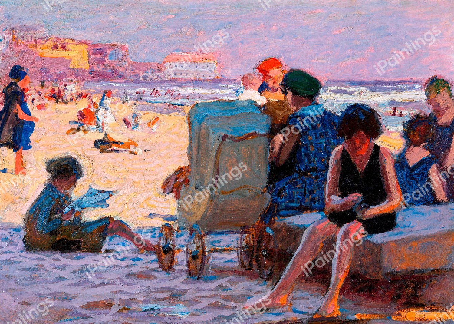 Baby Carriage on Beach. The painting by Edward Henry Potthast
