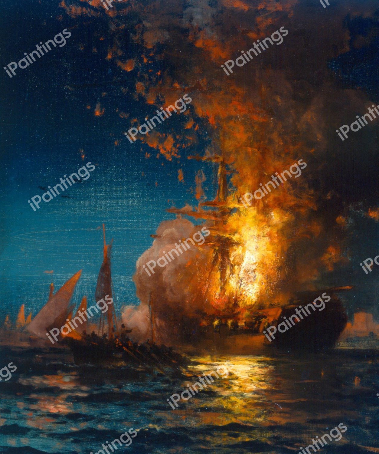 Burning of the Philadelphia. The painting by Edward Moran