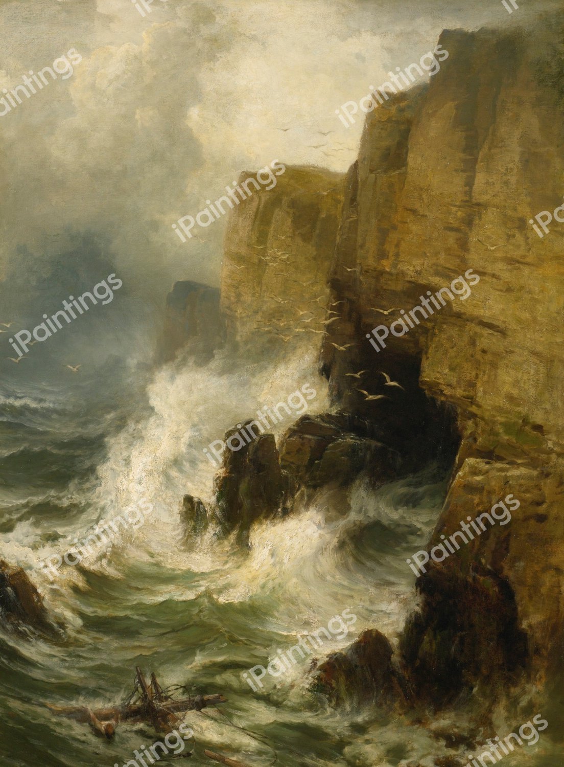 Cliffs in a Storm. The painting by Edward Moran