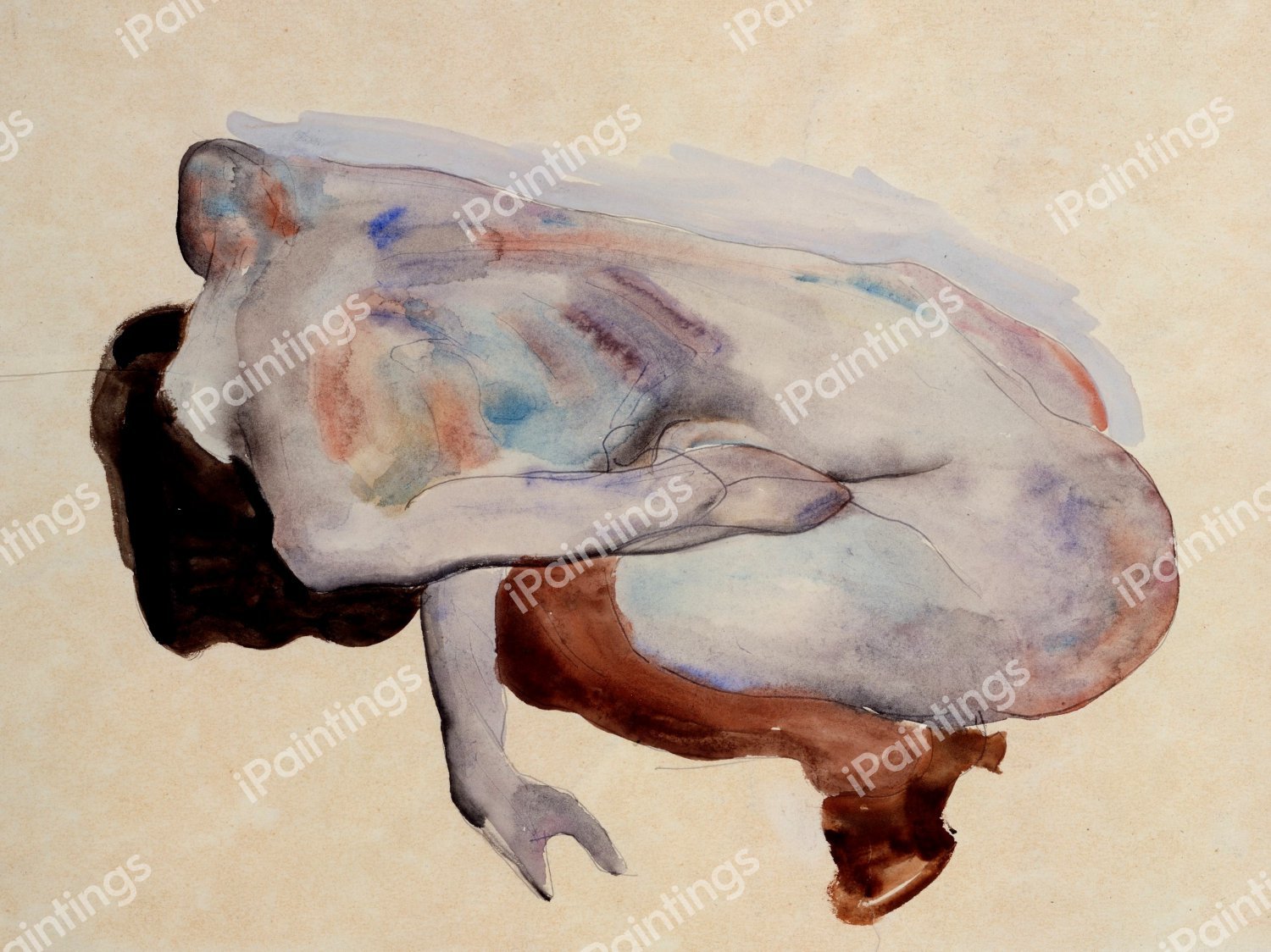 Crouching Nude in Shoes and Black Stockings, Back View. The painting by Egon Schiele