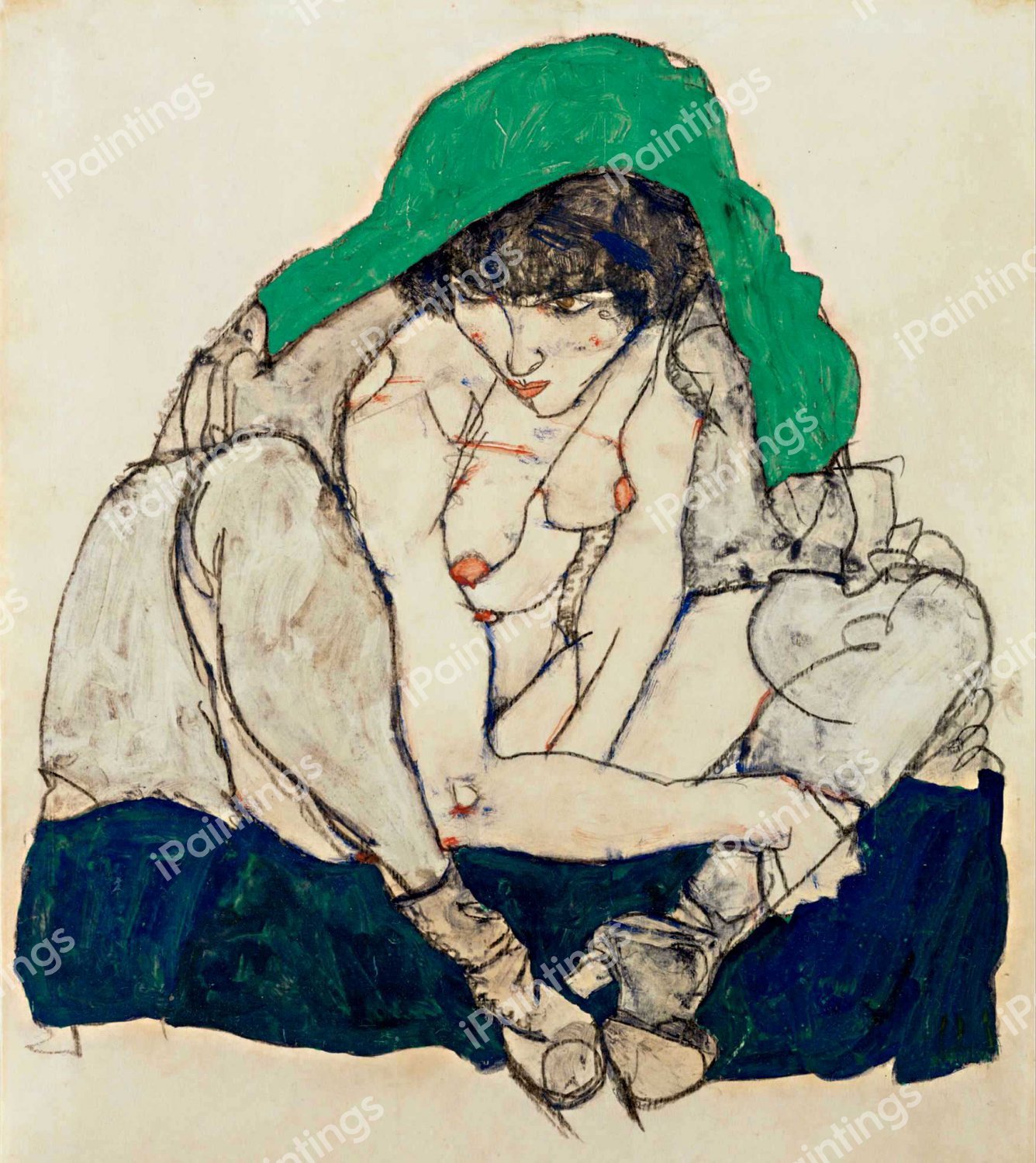 Crouching Woman with Green Kerchief. The painting by Egon Schiele