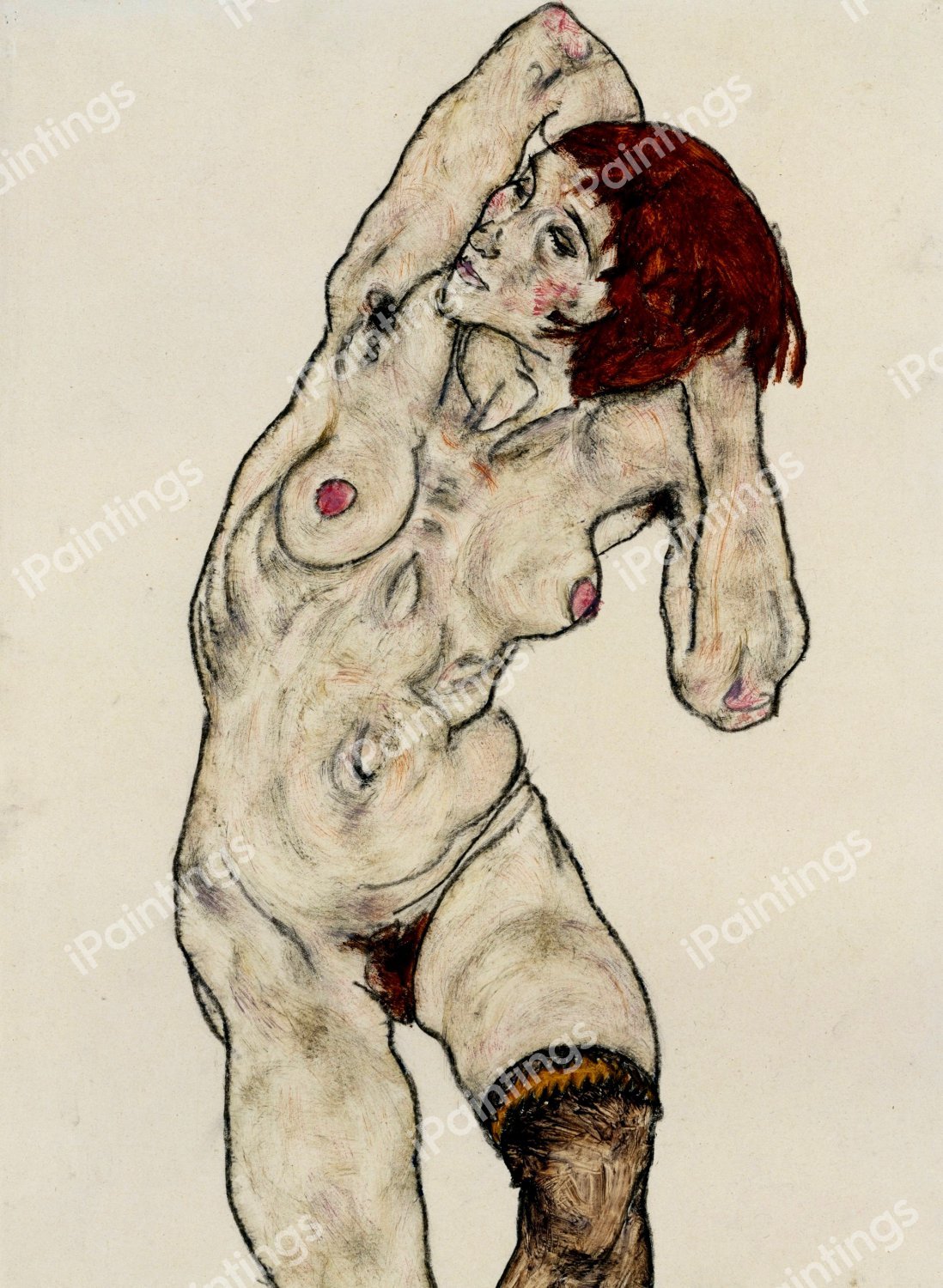 Female Nude with Black Stockings. The painting by Egon Schiele