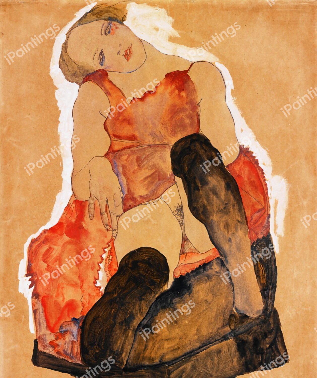 Girl with Black Stockings. The painting by Egon Schiele