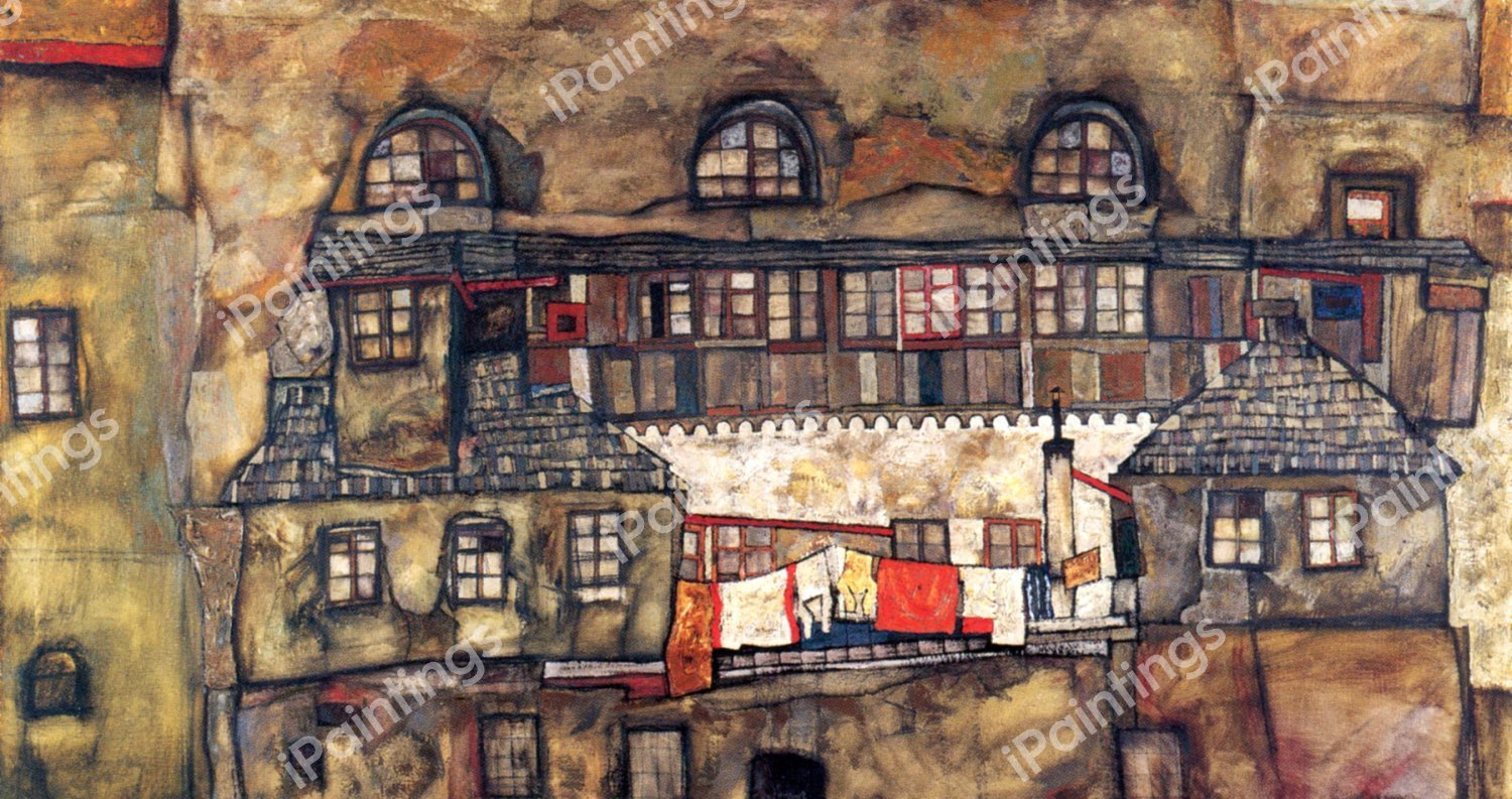 Houses on a River. The painting by Egon Schiele