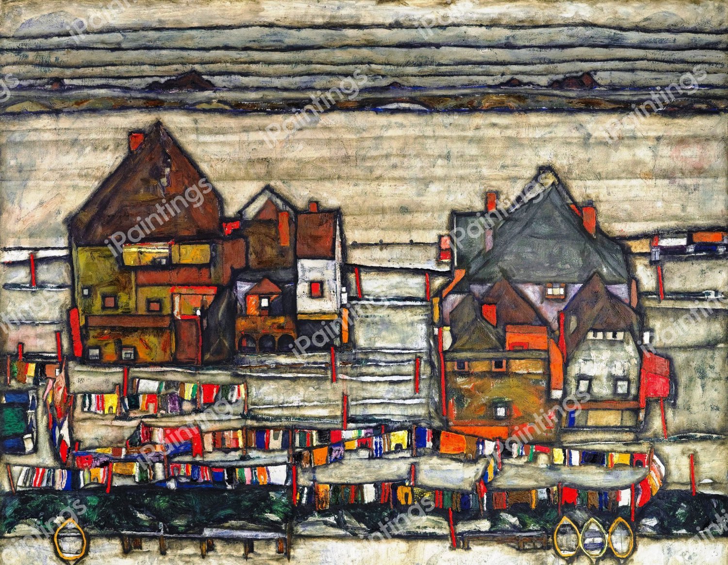 Houses with Laundry (Suburb II). The painting by Egon Schiele