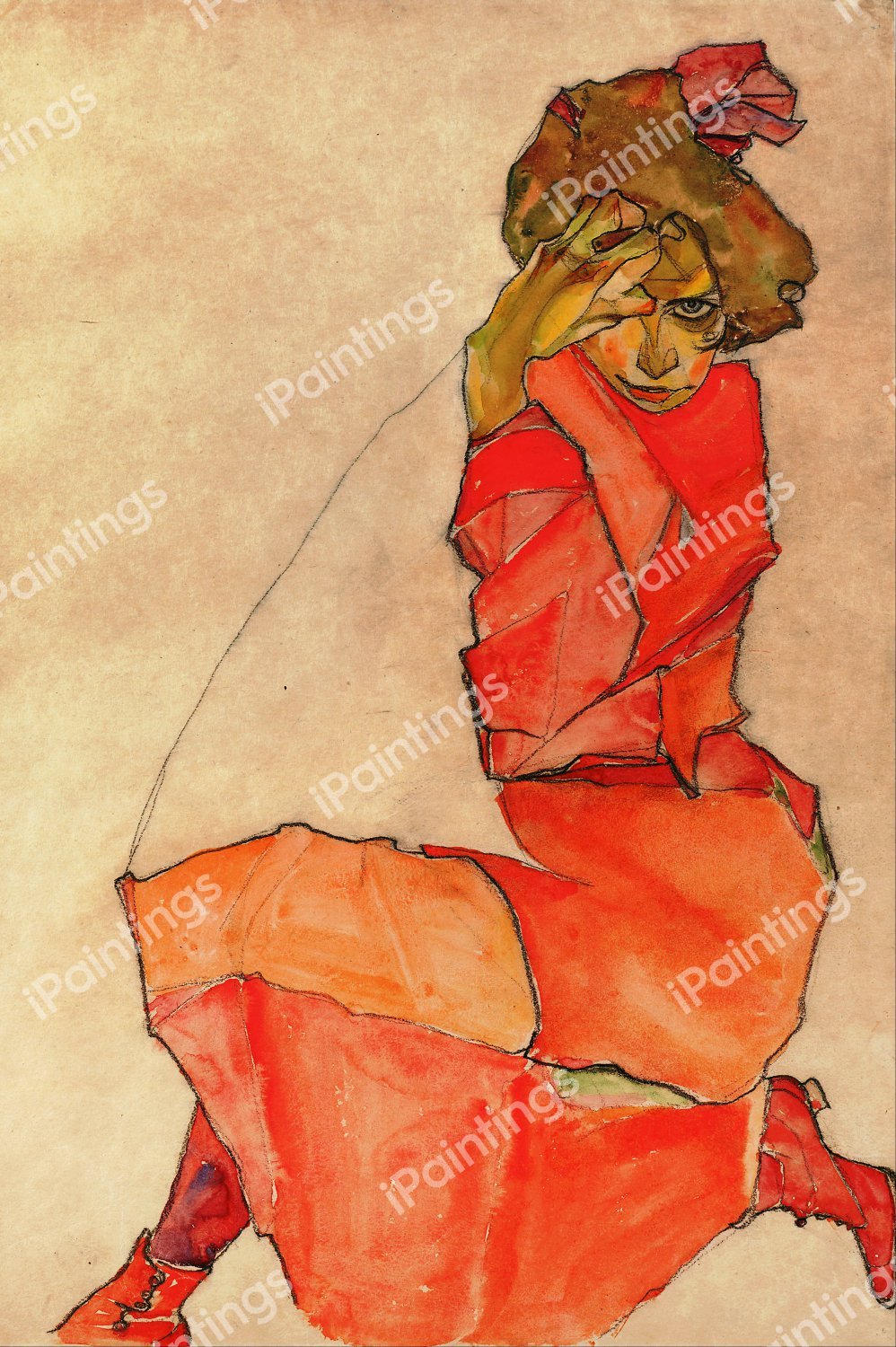 Kneeling Female in Orange-Red Dress. The painting by Egon Schiele