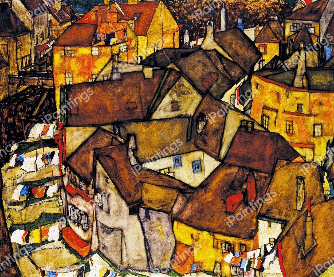 Krumau - Crescent of Houses (The Small City V) . The painting by Egon Schiele