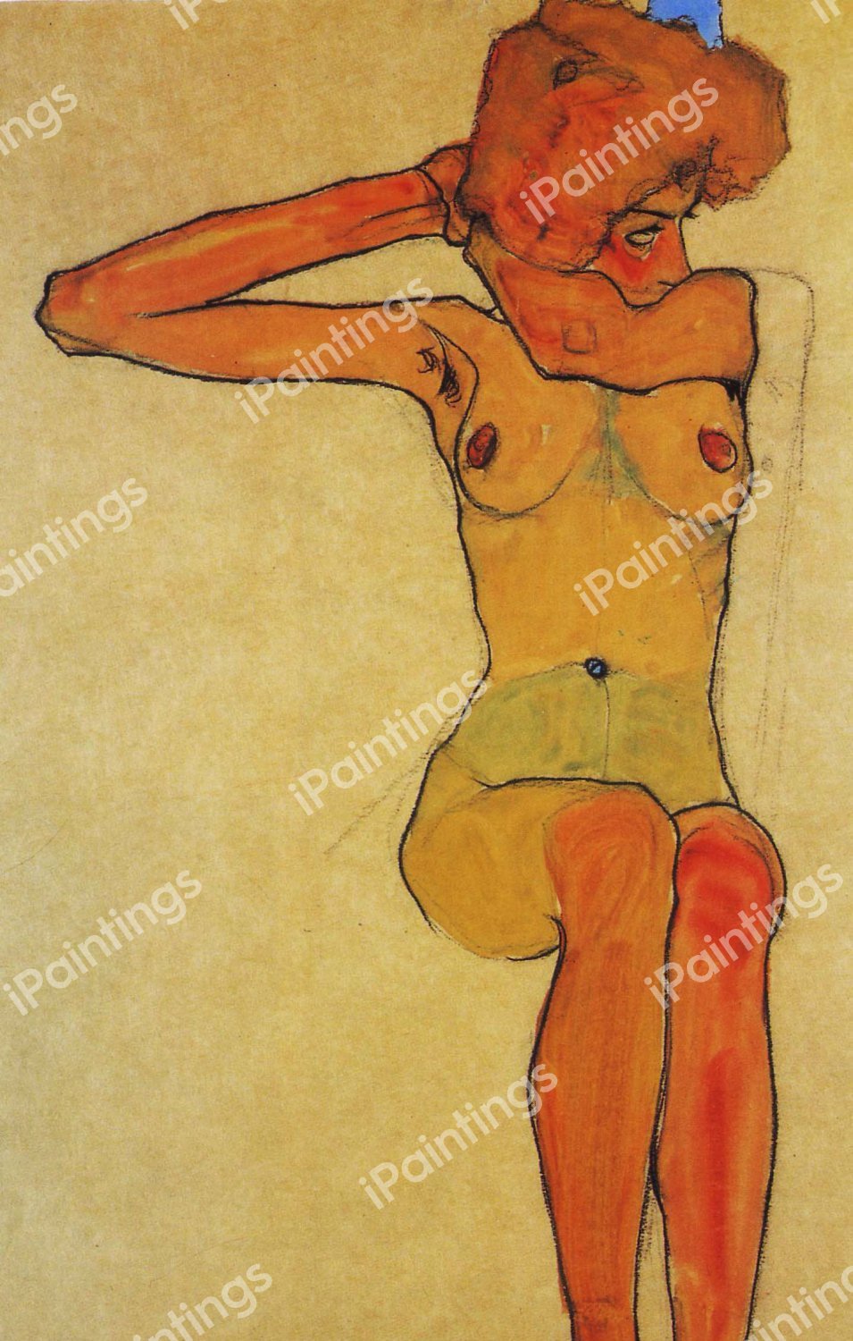 Nude Woman Hair-Dressing. The painting by Egon Schiele