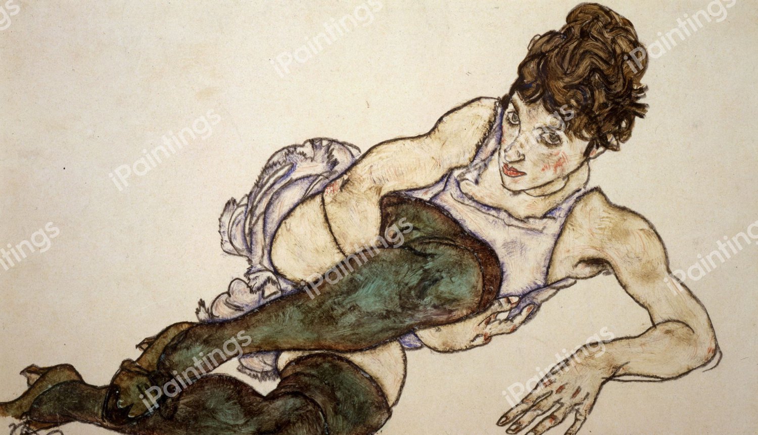 Reclining Woman with Green Stockings. The painting by Egon Schiele