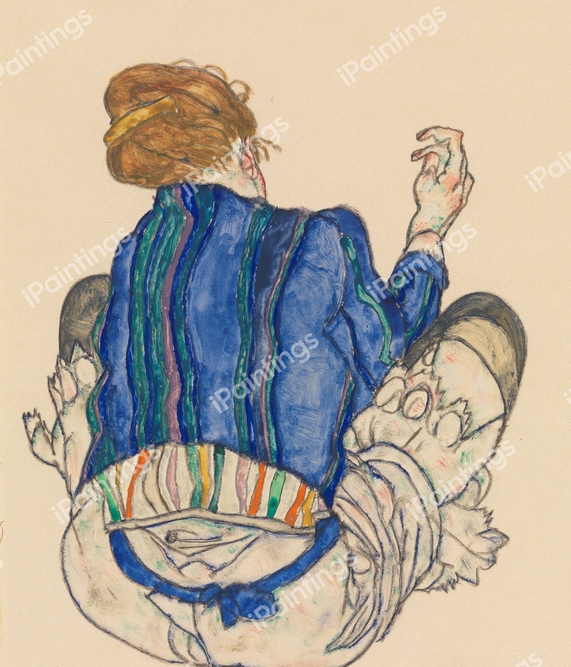 Seated Woman, Back View. The painting by Egon Schiele