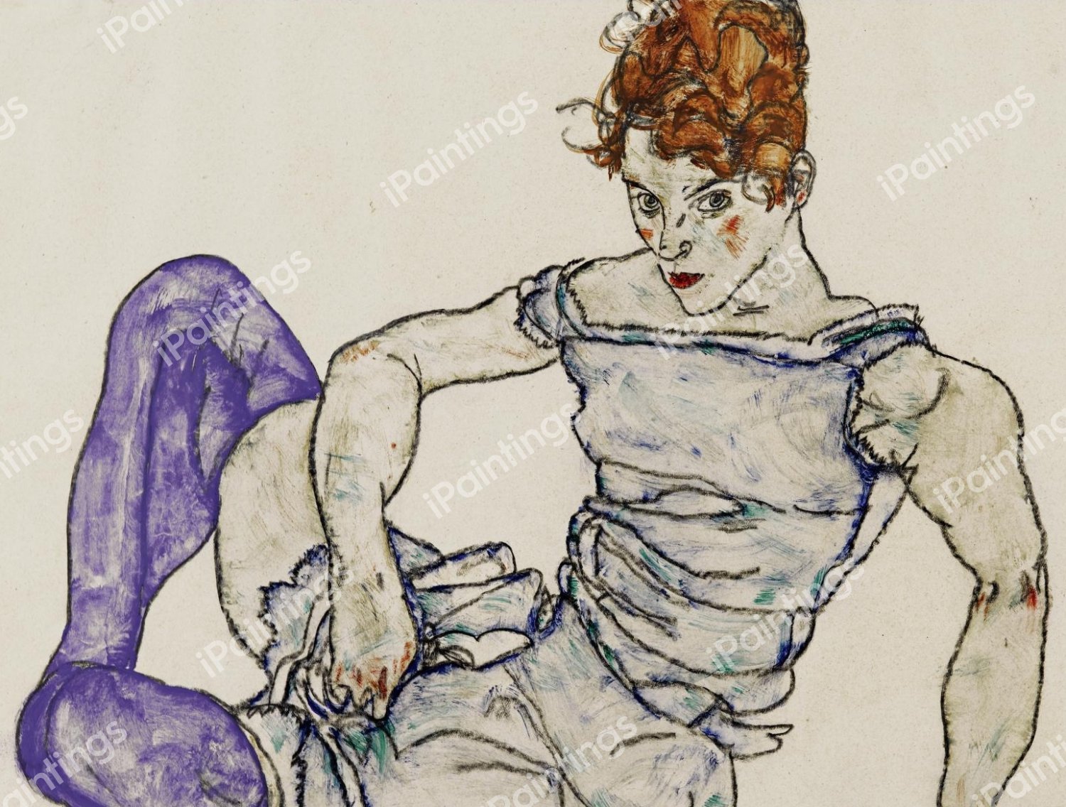 Seated Woman in Violet Stockings. The painting by Egon Schiele