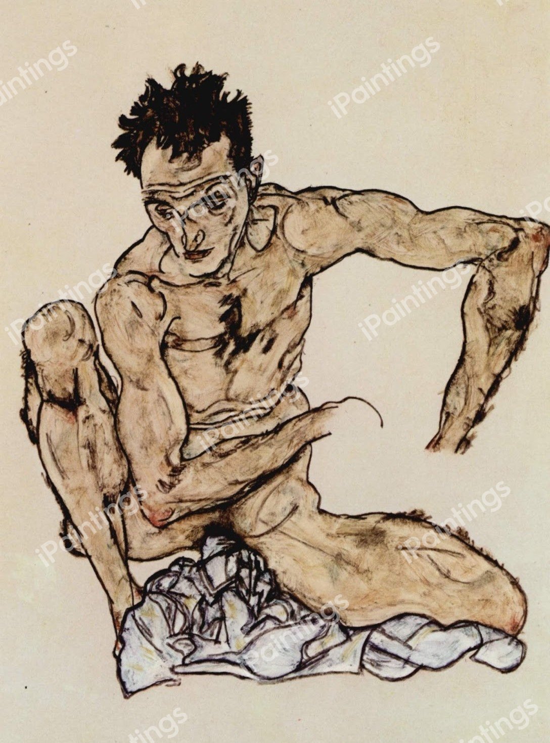 Self-Portrait, Crouching Male Nude 1917. The painting by Egon Schiele