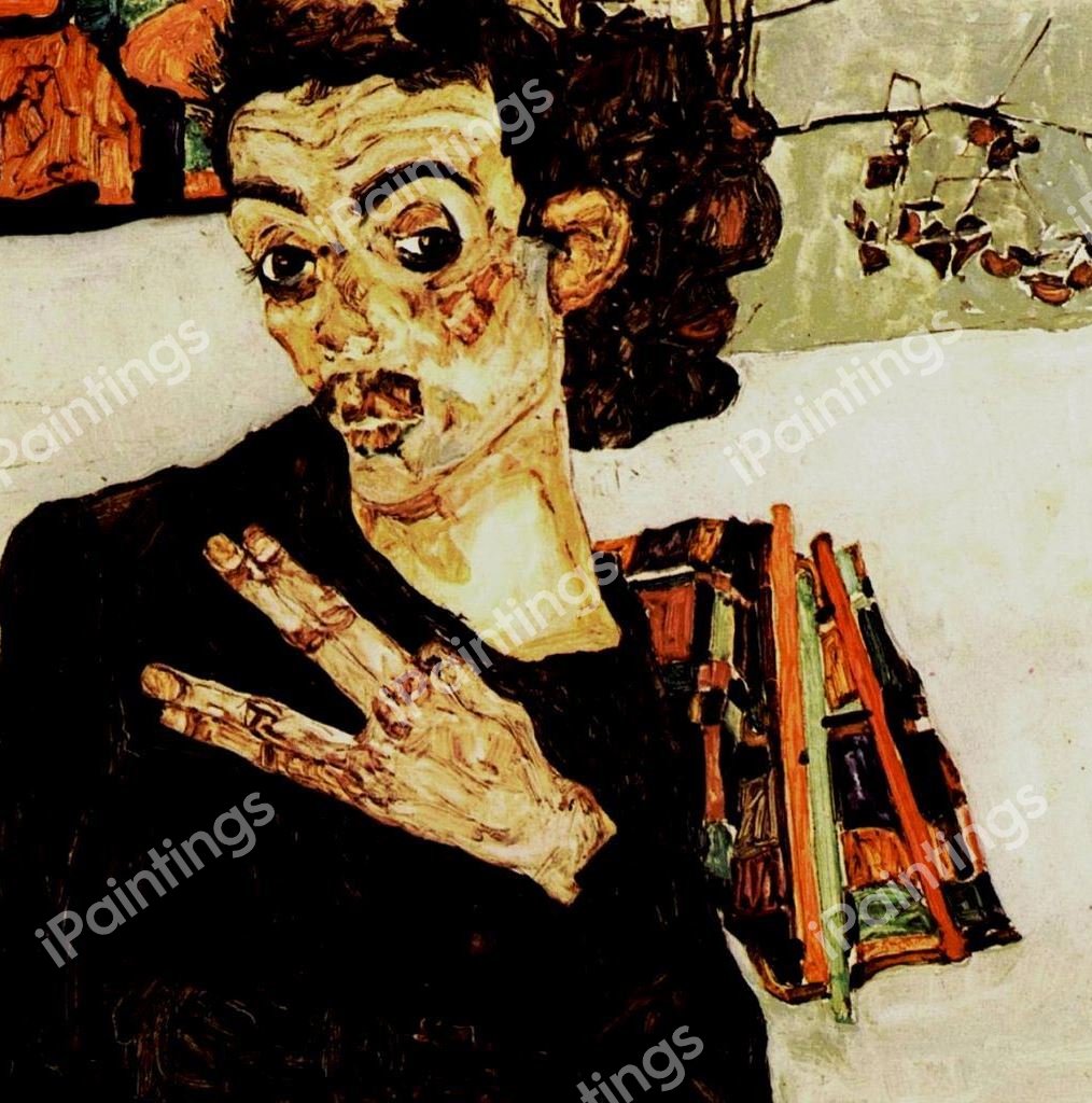Self-Portrait with Black Vase and Spread Fingers. The painting by Egon Schiele