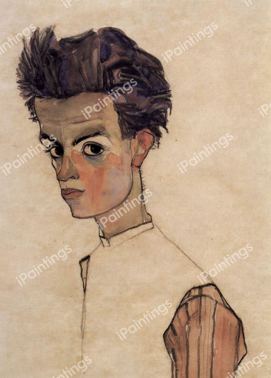 Self-Portrait with Lowered Head. The painting by Egon Schiele