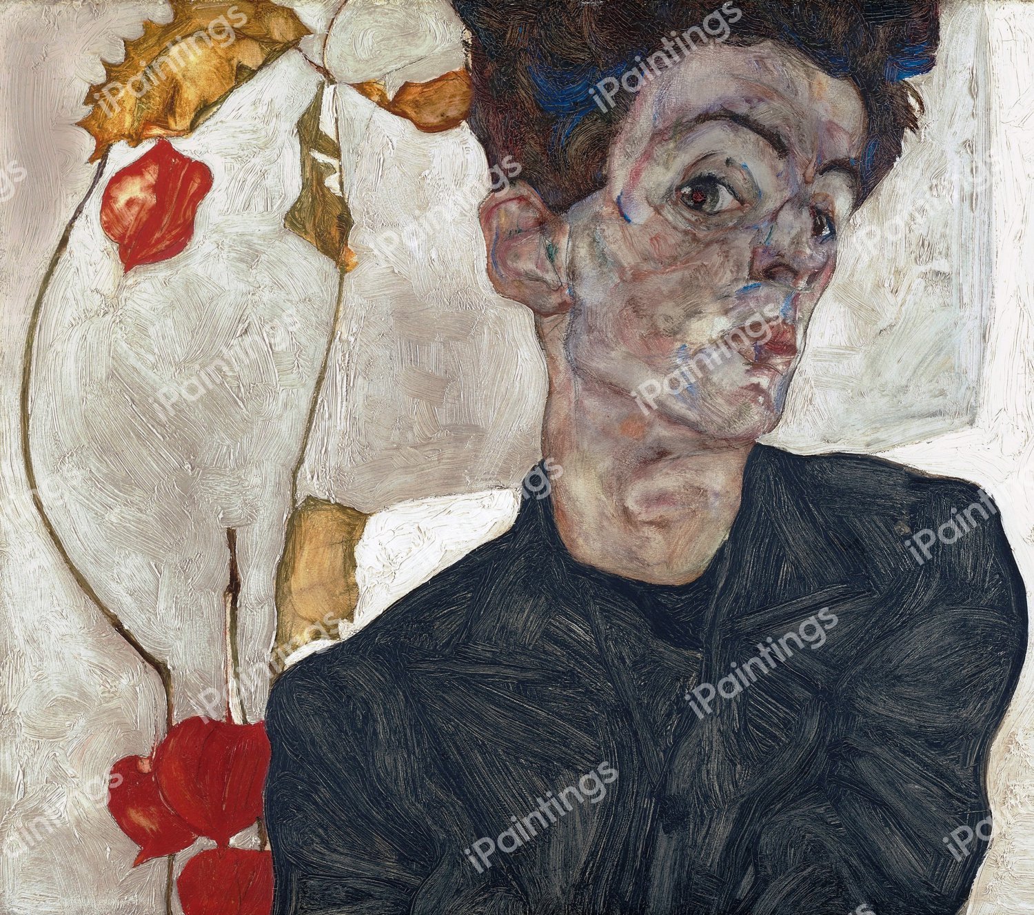 Self-Portrait with Physalis. The painting by Egon Schiele
